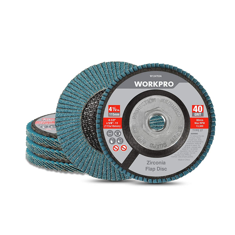 WORKPRO 5 Pack Zirconia Flap Disc, 40 Grit, 60 Grit, Angle Grinder Sanding Disc, 4-1/2 inch Grinding Wheels