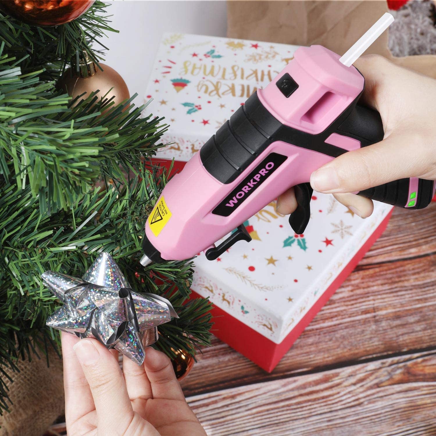 WORKPRO cordless mini glue gun in pink with preheating melt-fast design, innovation and durable quality
