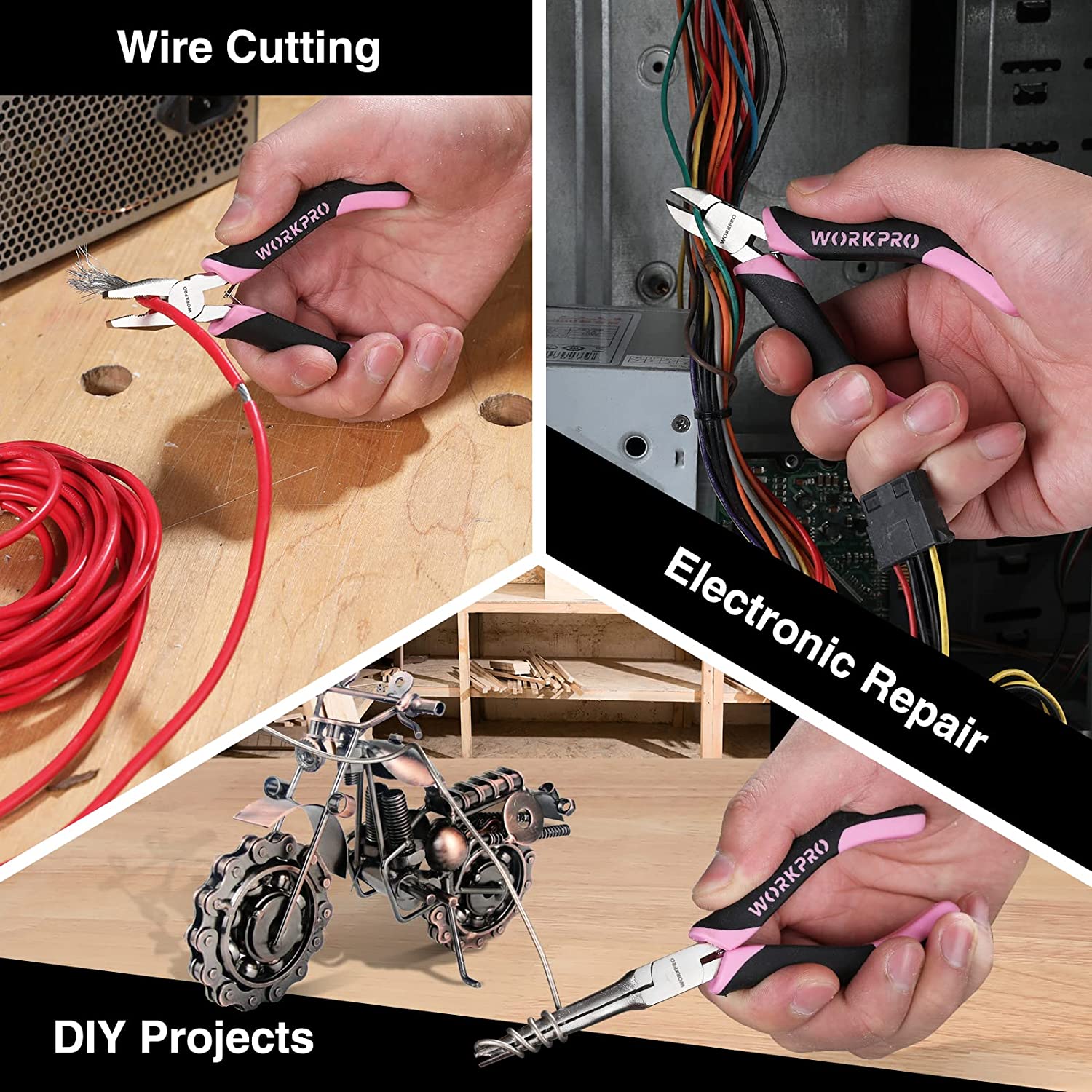 Mini pliers with pink-and-black handles being used for wiring and electronics repair