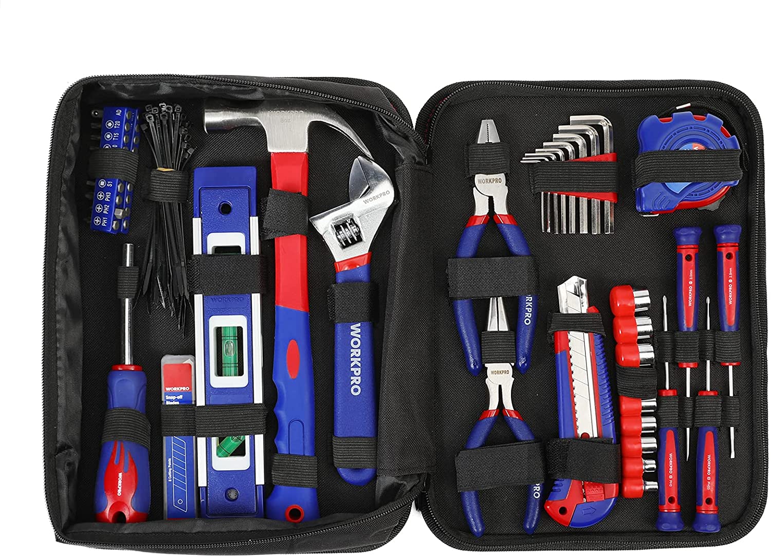 Kitchen drawer hand tool set in zippered black carrying pouch with assorted tools