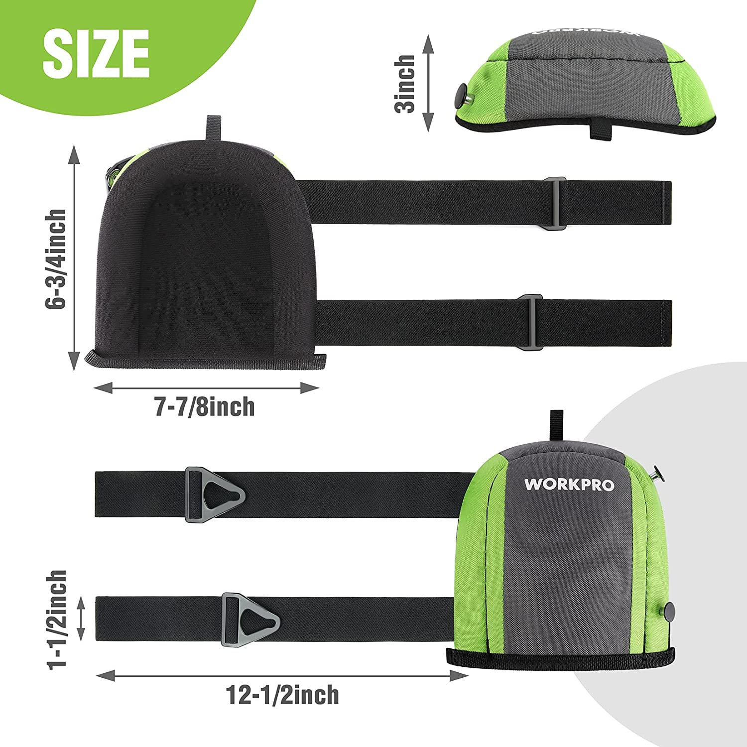 Green and gray kneepads with foam padding, wide straps, and metal buckle closures