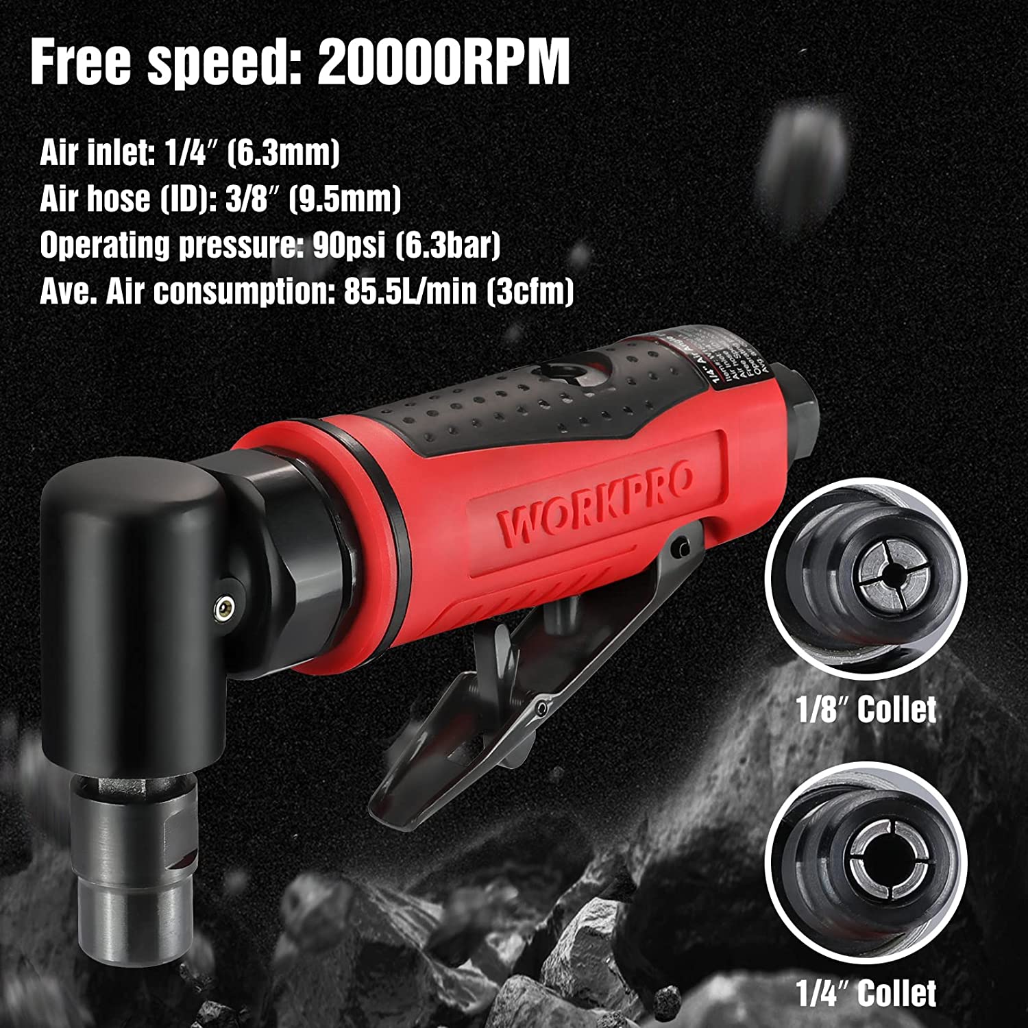 WORKPRO right angle pneumatic die grinder with red housing and 1/8-in and 1/4-in collets
