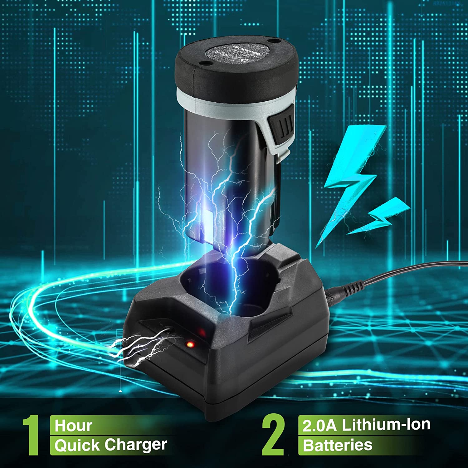Quick charger base with power indicator for 2.0Ah lithium-ion batteries