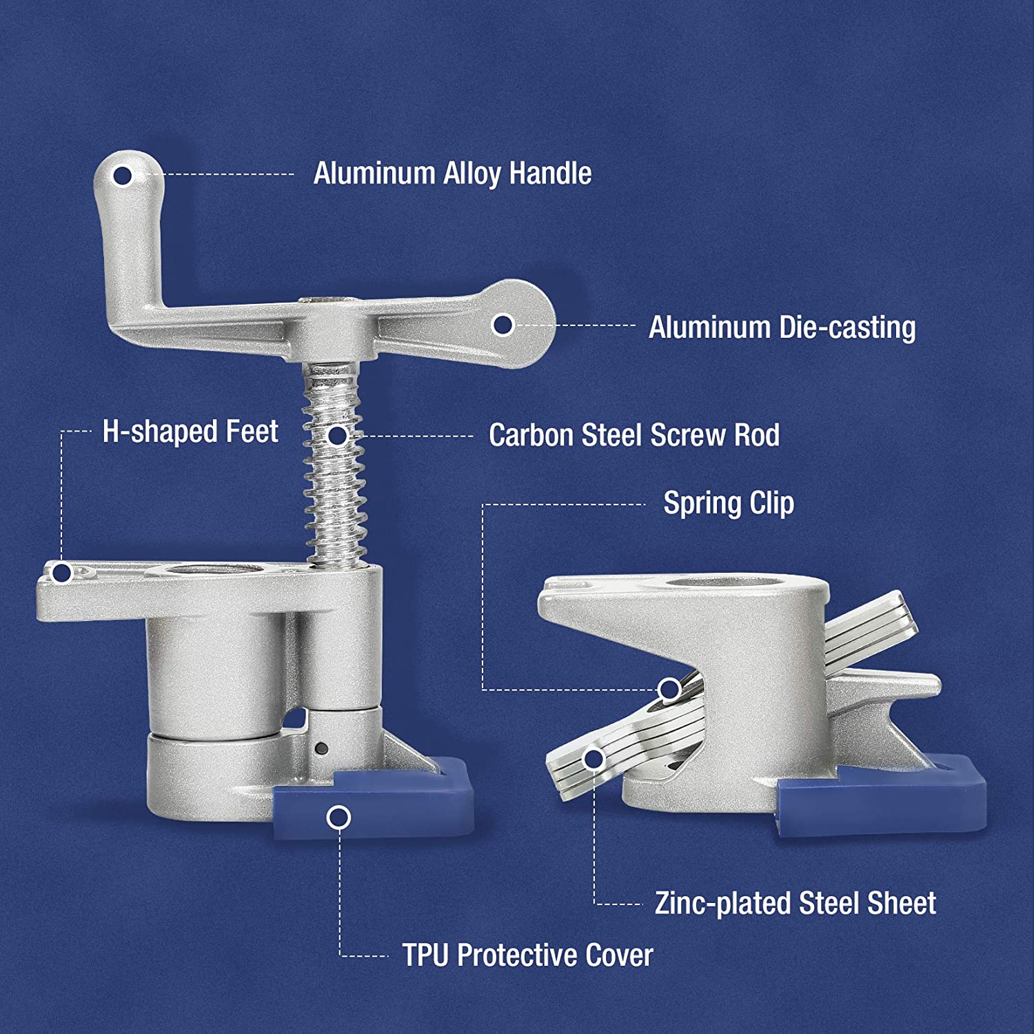Metal pipe clamp with H-shaped feet, spring clip, and protective TPU cover