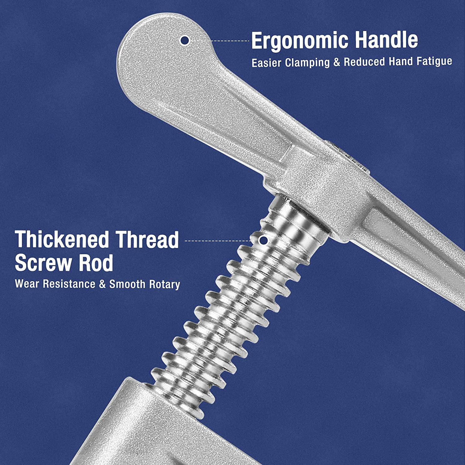 Silver pipe clamp handle with thickened threaded screw rod and ergonomic gripping arm