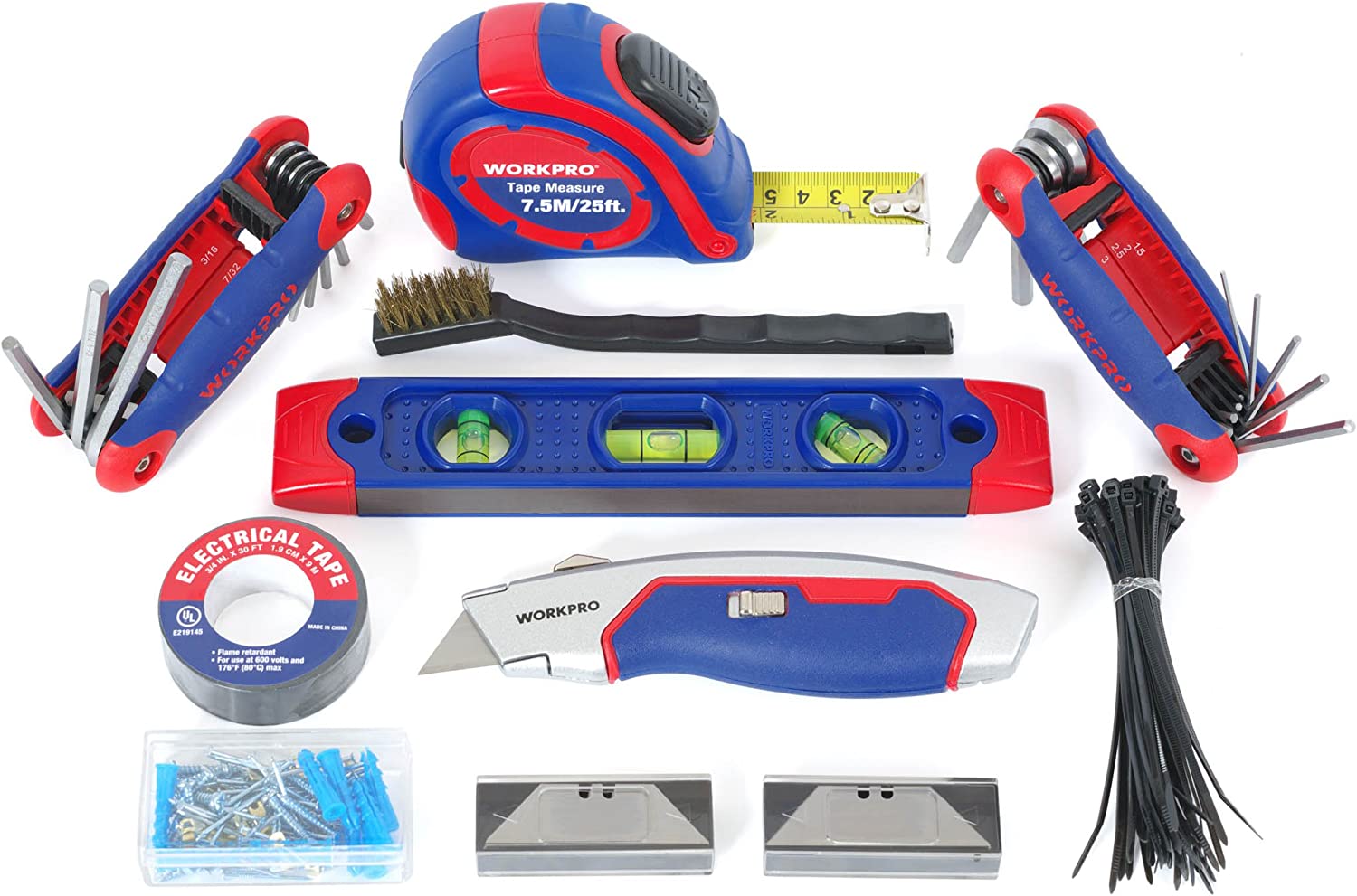 Home repair measuring and cutting tools set with spirit level, tape measure, and blades