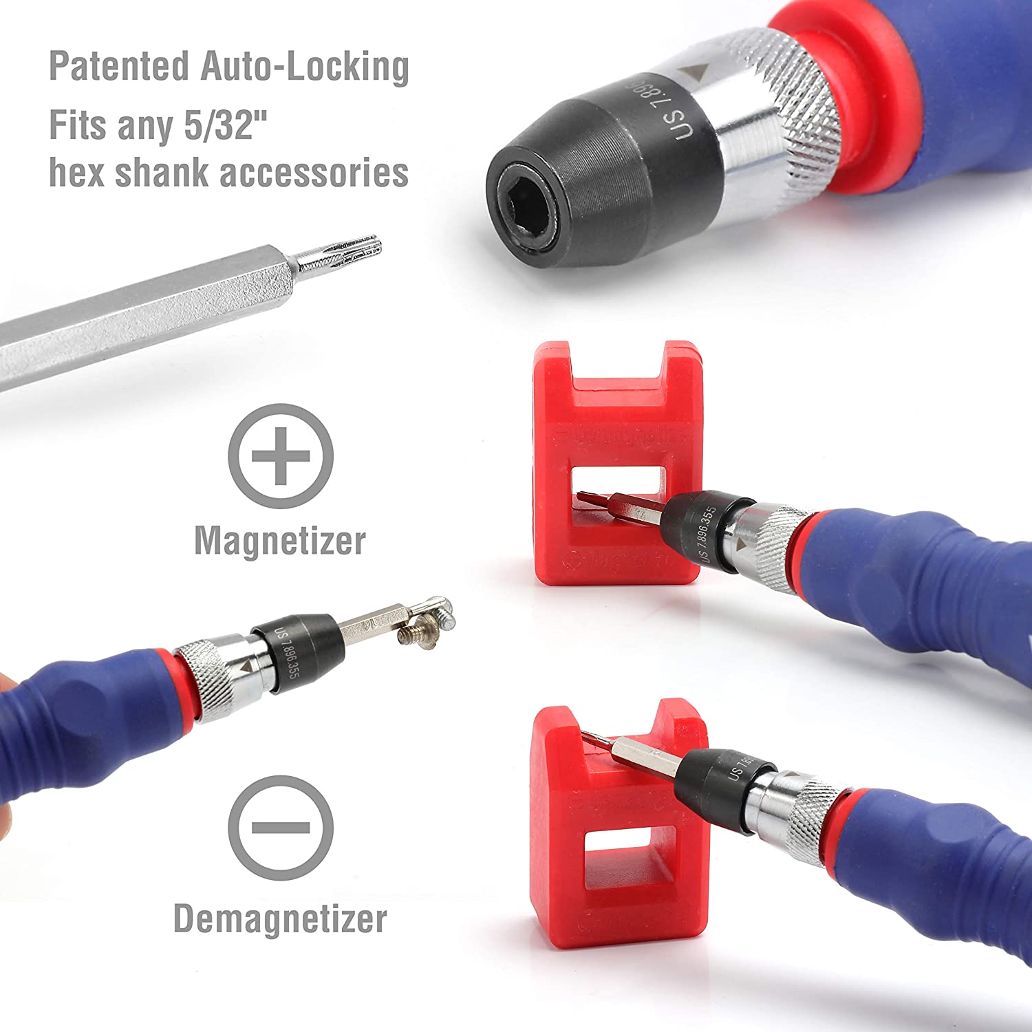 Auto-locking precision screwdriver with red collar and hex shank adapter