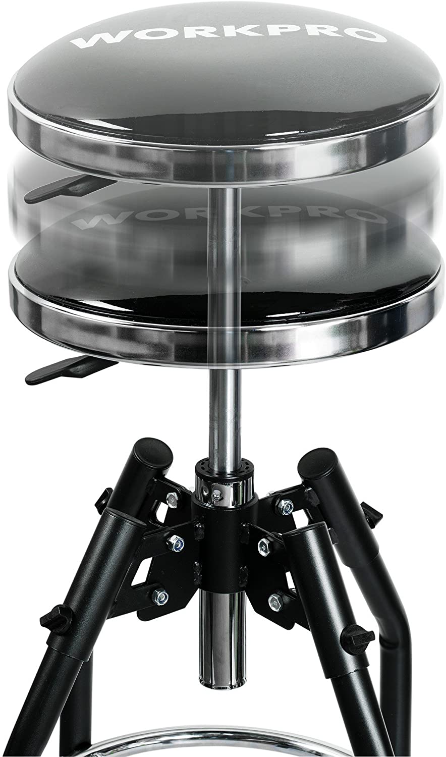 Adjustable hydraulic shop stool with black round padded seat and chrome lift column