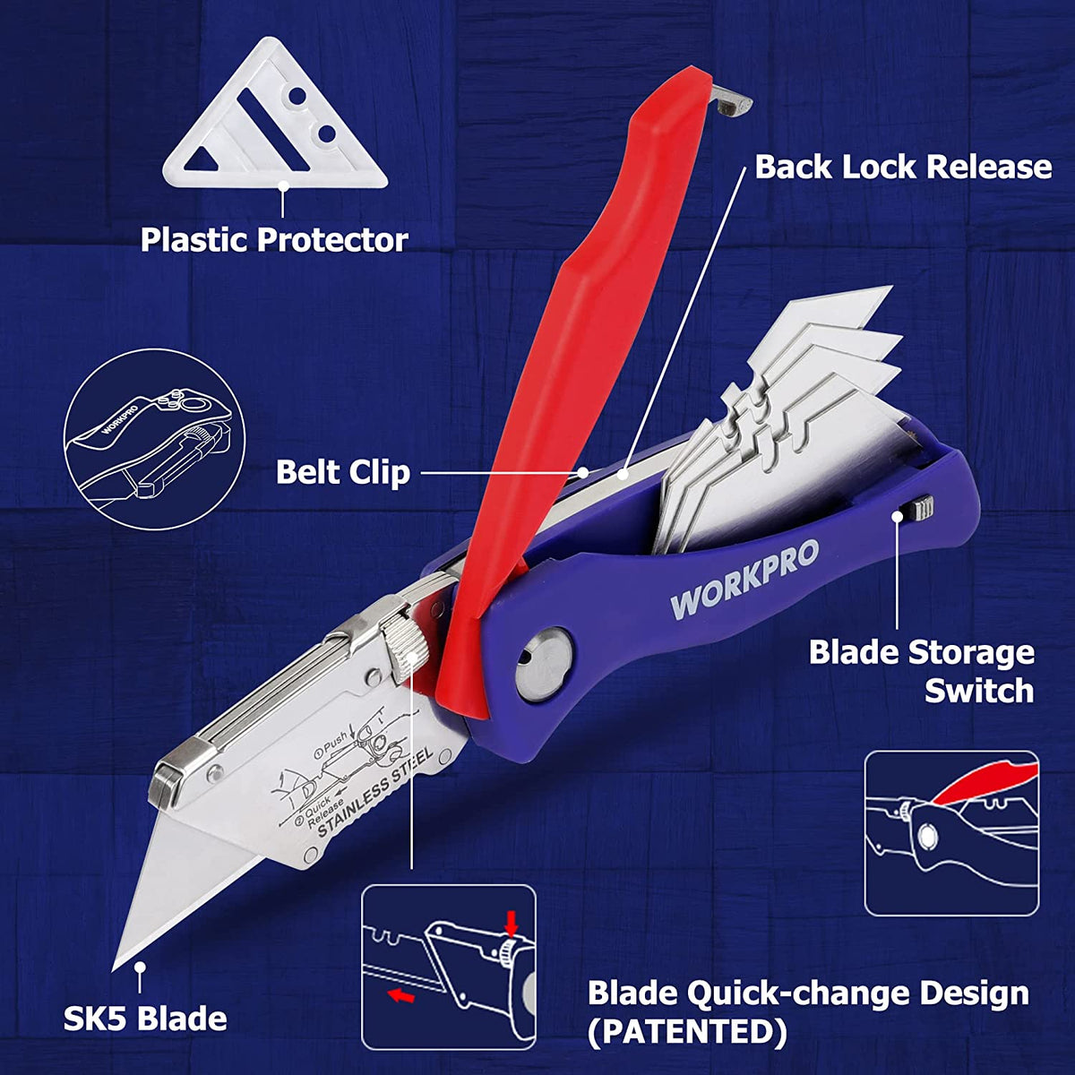 Folding utility knife with belt clip, blue/purple handle and red back-lock release, stored blades