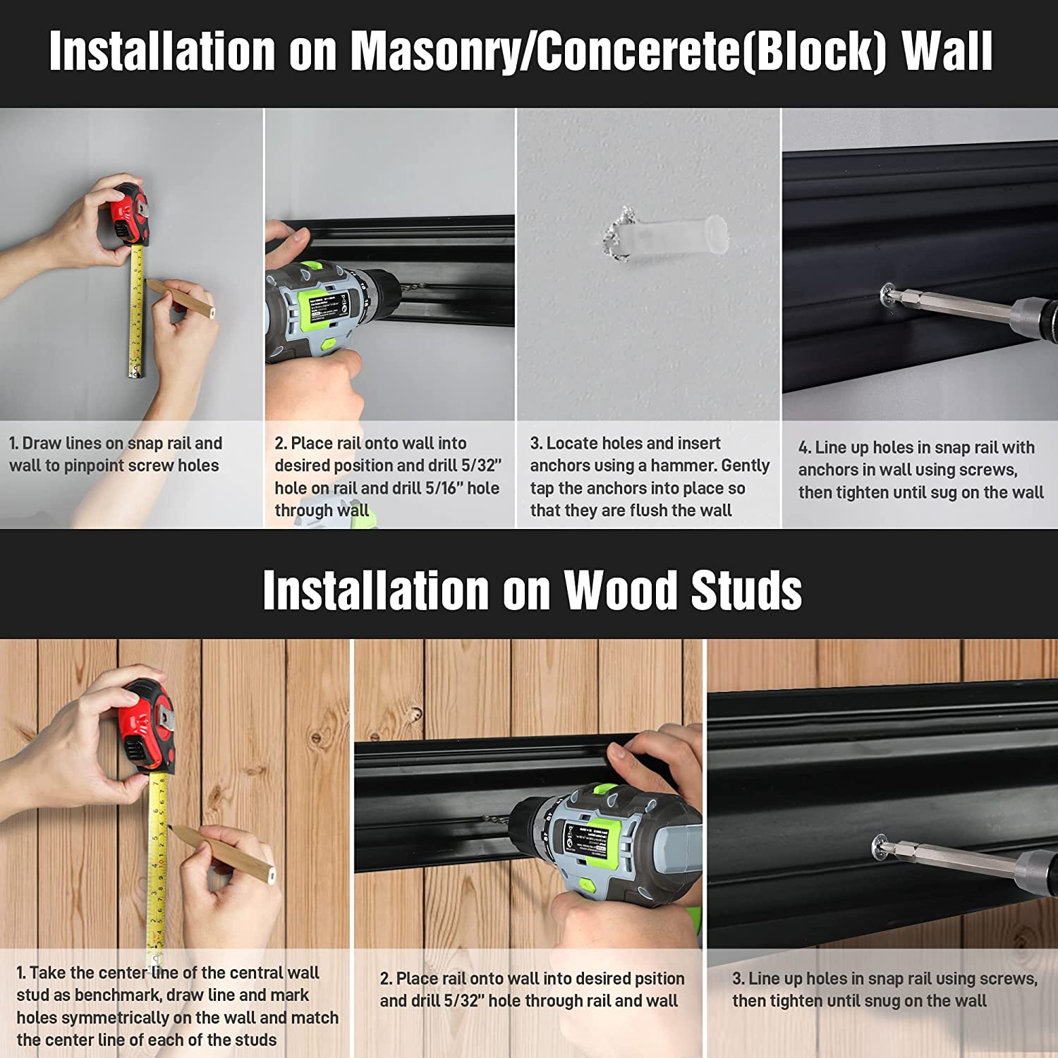 Tool organizer rail installed on wall with drill and screws, showing mounting steps