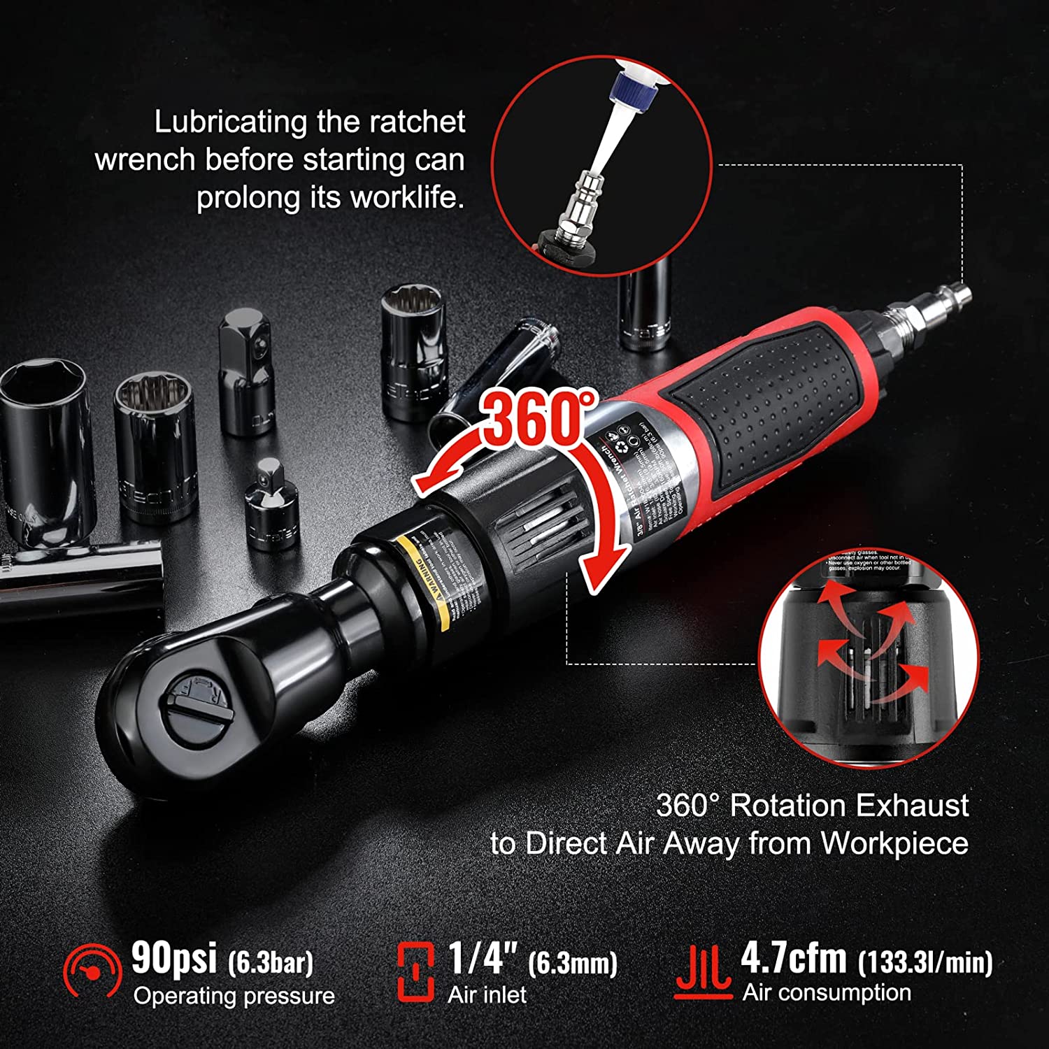 WORKPRO pneumatic ratchet wrench with exhaust deflector and red handle, black body