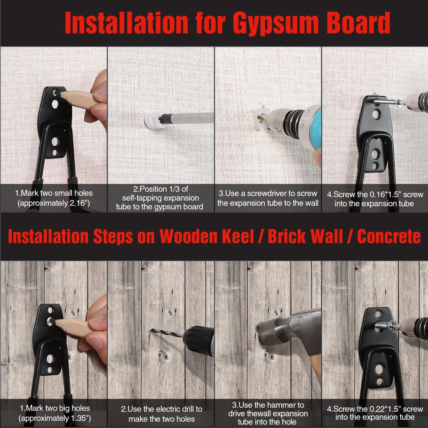 Heavy-duty wall hooks installed on gypsum board, wood, and concrete surfaces