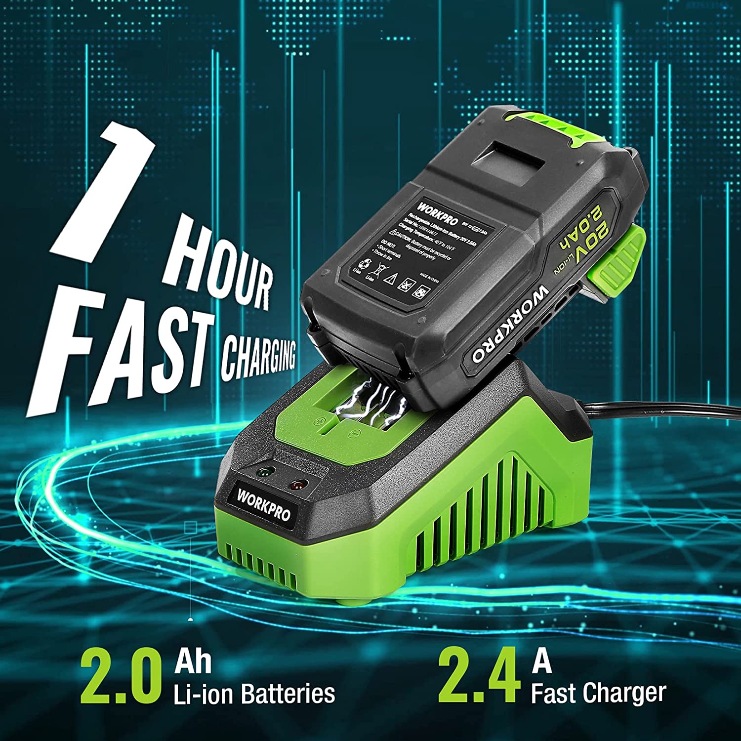 20V Li-ion battery pack and 2.4A fast charger with green accents
