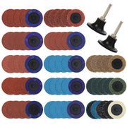 Assorted 2-inch sanding discs with blue backing and 1/4-inch shank holders