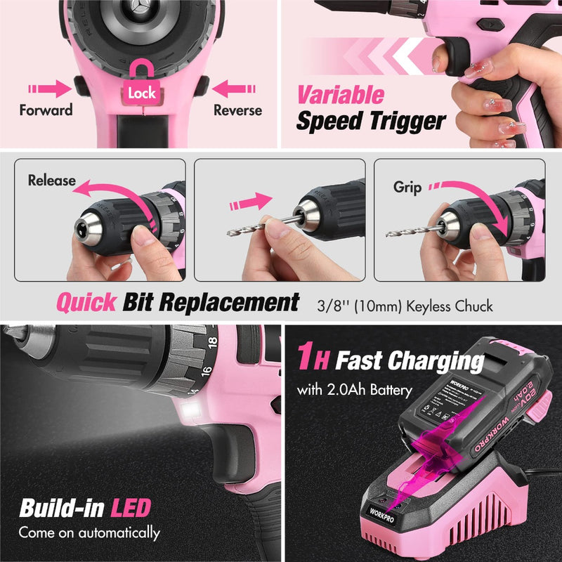 WORKPRO 157 Pcs Household Tool Kit with 20V Cordless Lithium-ion Drill Driver - Pink Ribbon