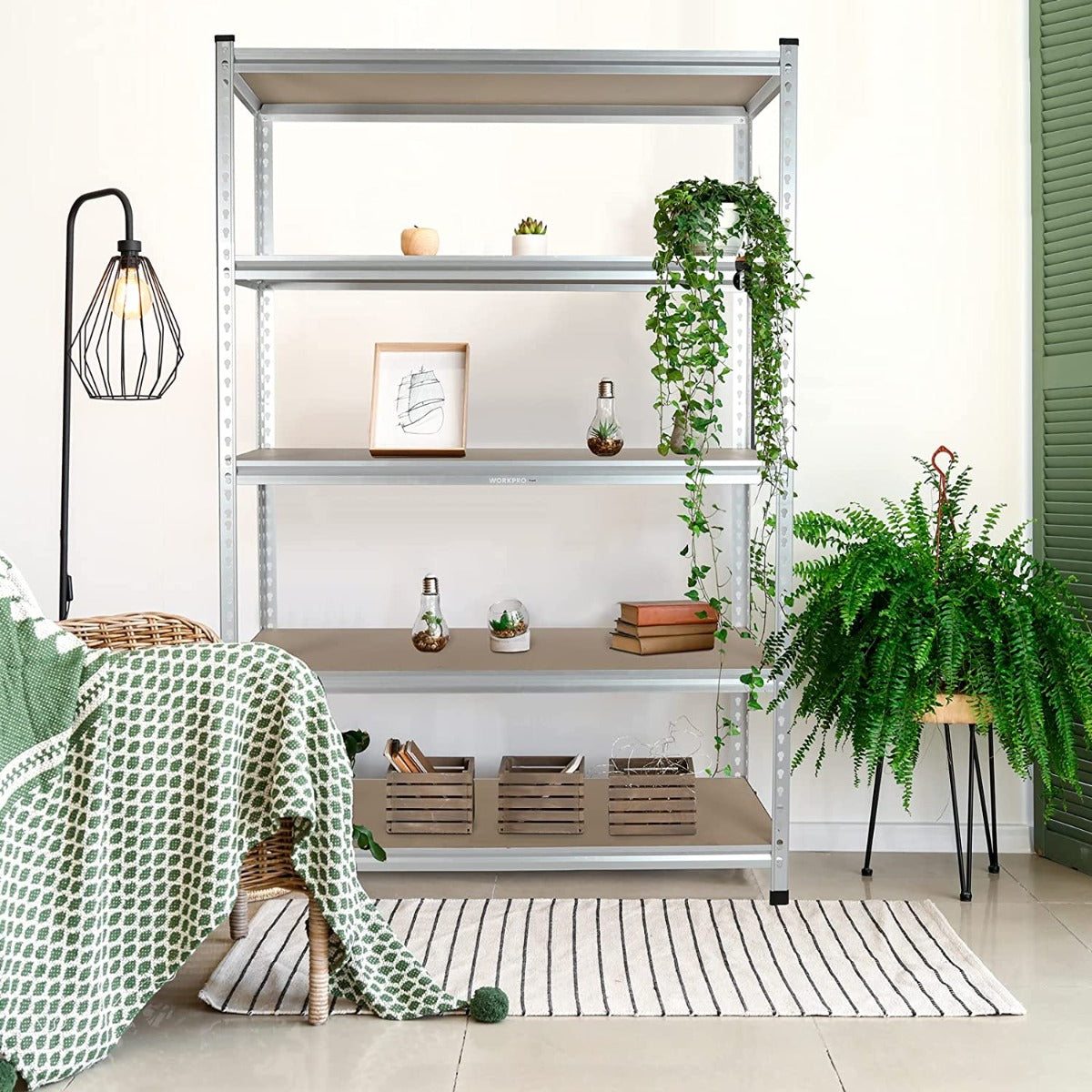 5-tier storage shelving unit with aluminum frame and brown particle board shelves