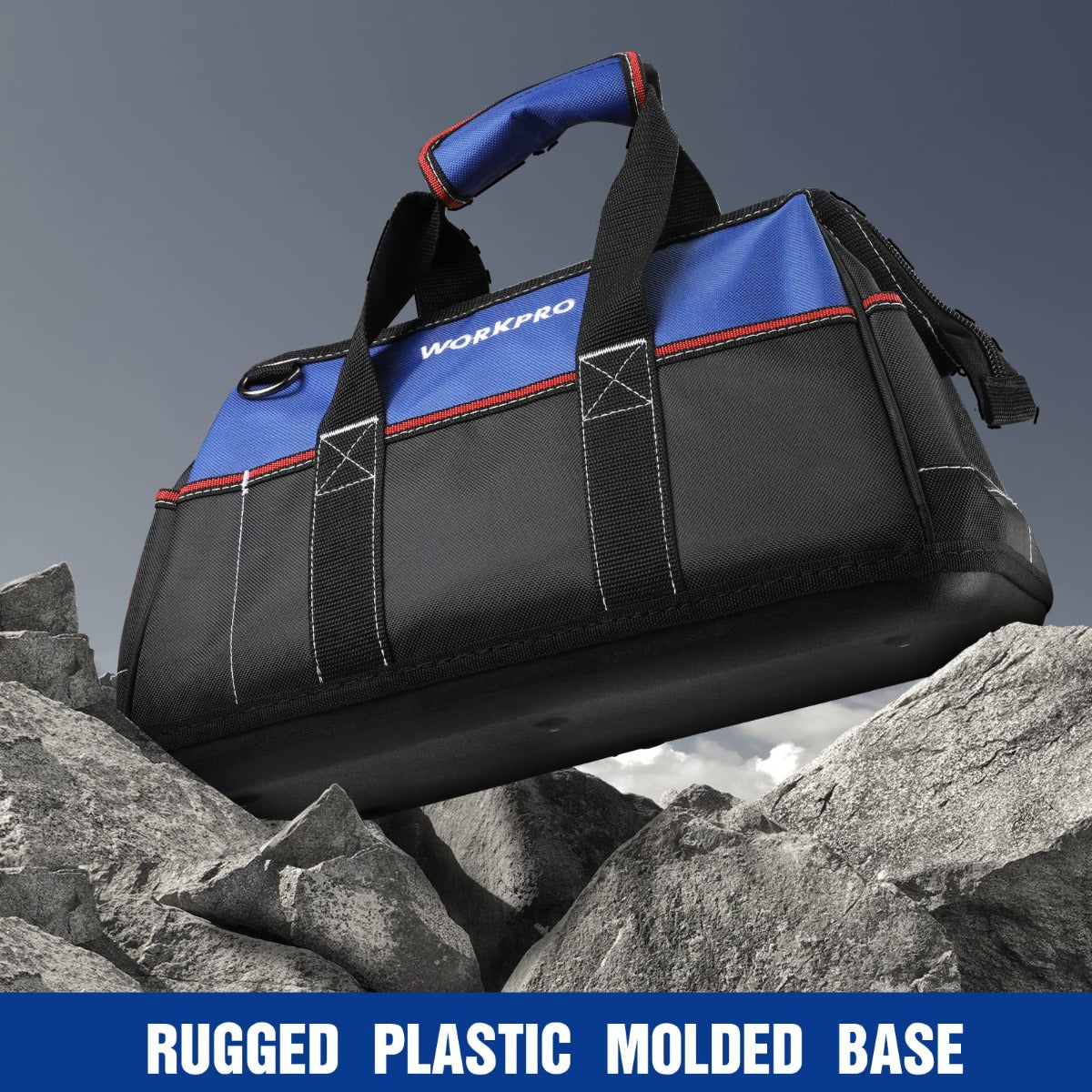 WORKPRO tool storage bag with molded base, black and blue panels, carry handles
