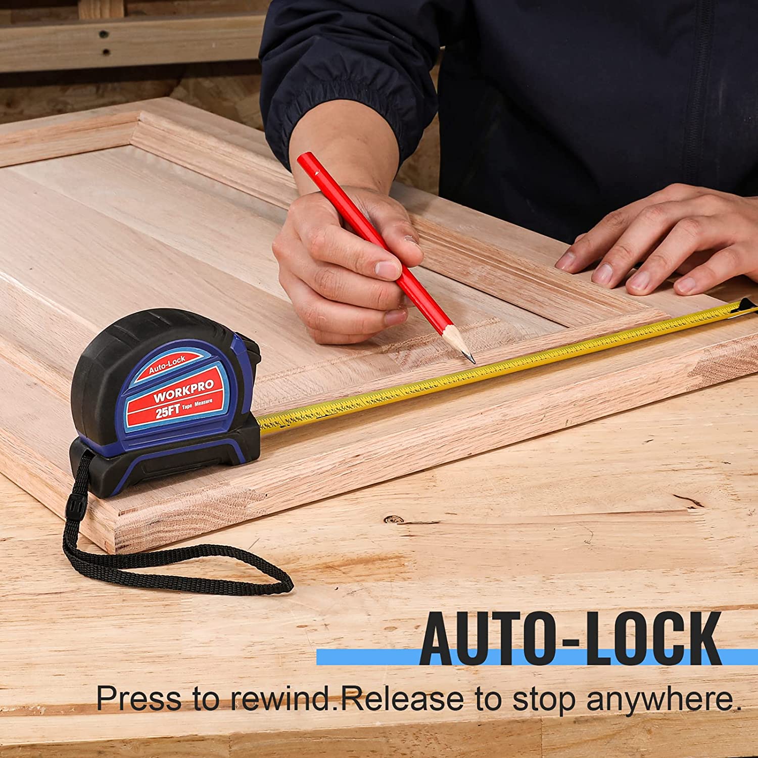 Auto-lock tape measure on a wooden board with yellow measuring tape extended