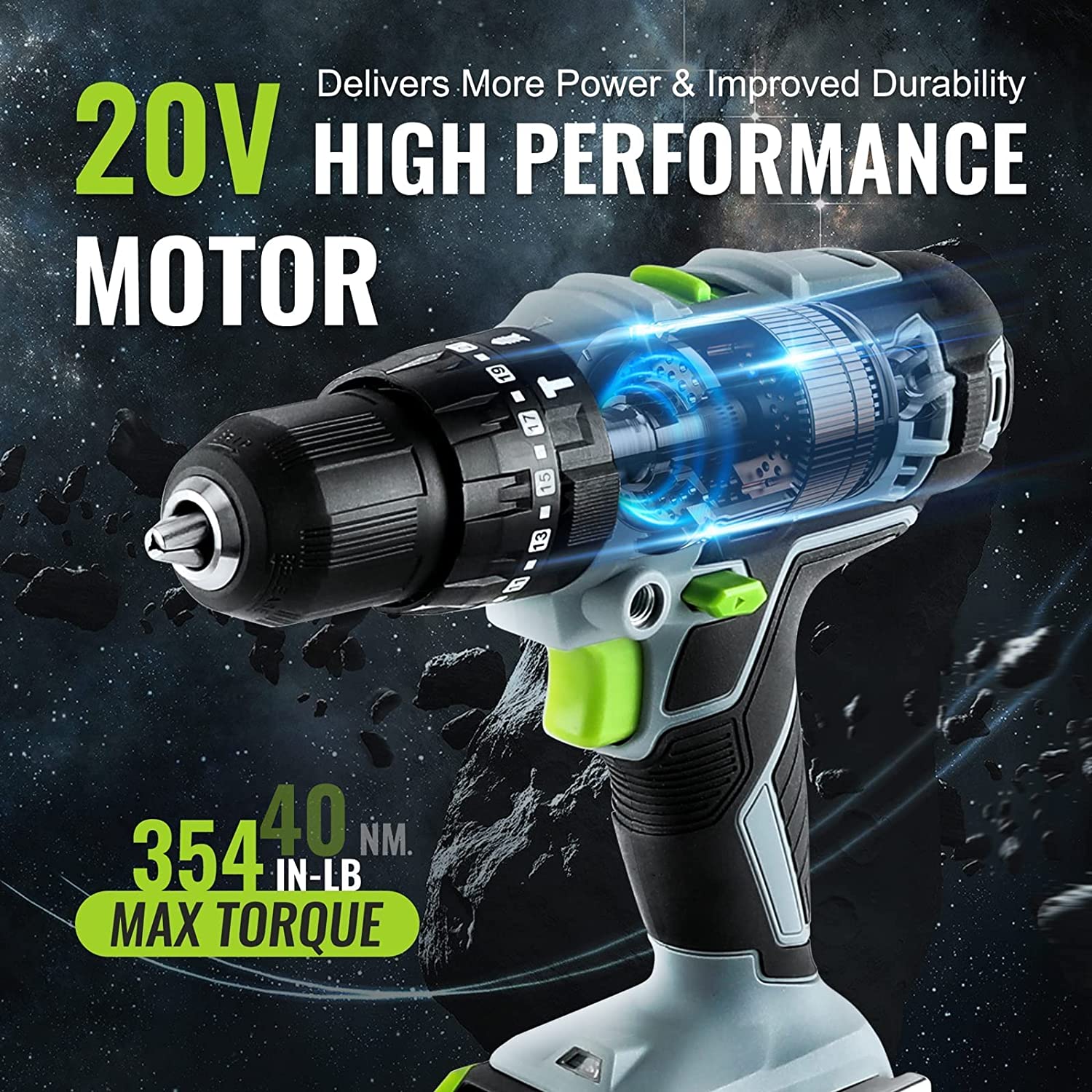 WORKPRO 20V cordless impact drill driver with side handle, green accents, and chuck bit holder