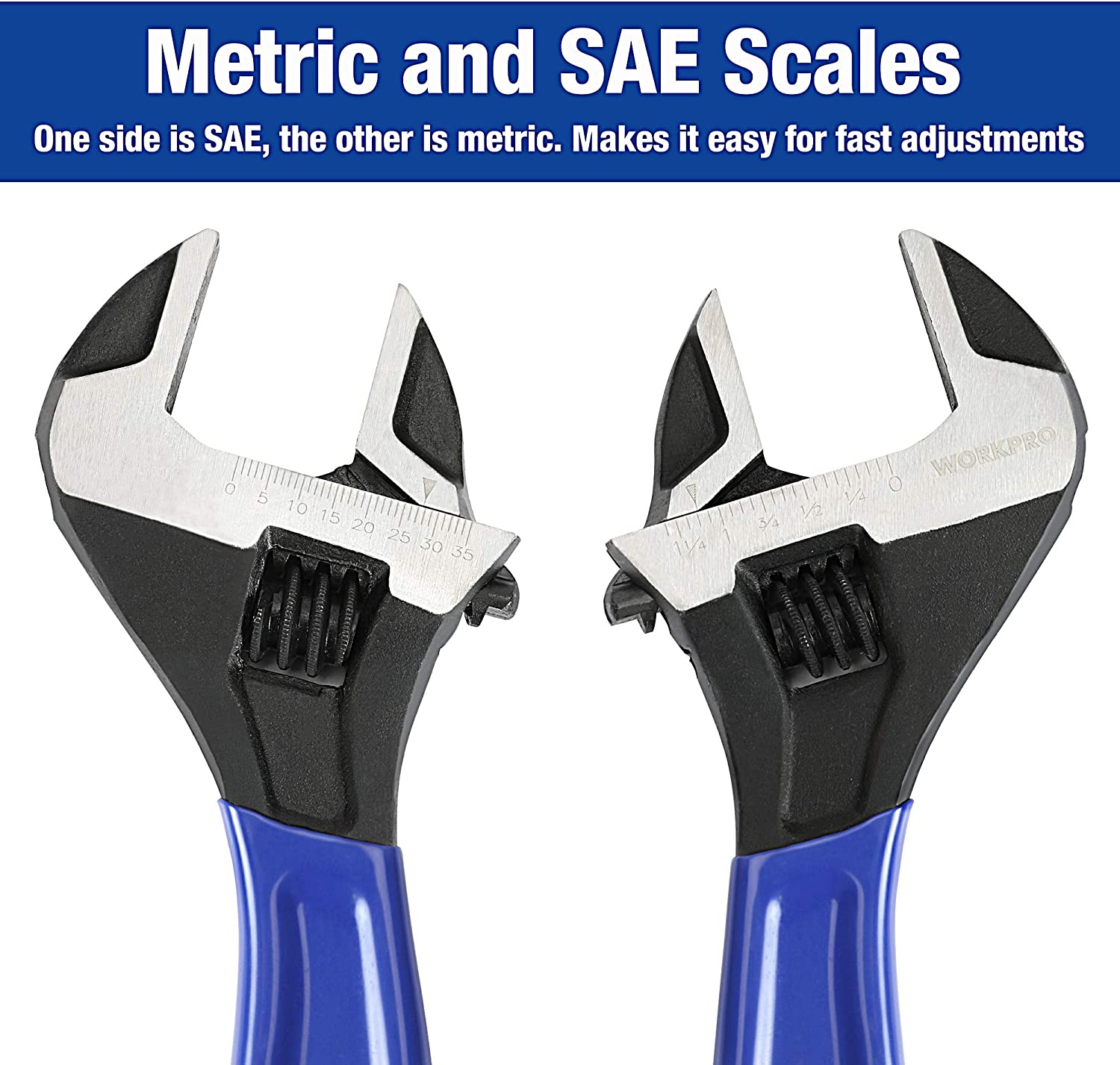Two adjustable wrenches showing metric and SAE measurement markings on the heads