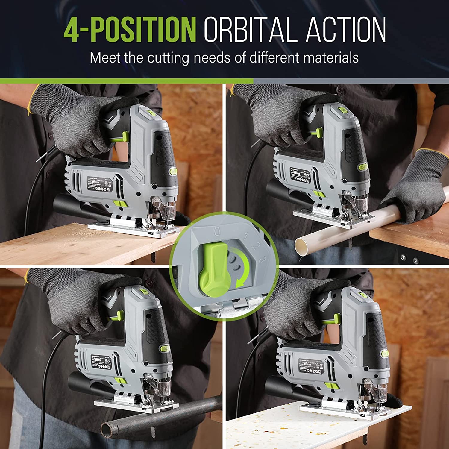Corded electric jigsaw with orbital action dial and gloved hands cutting wood