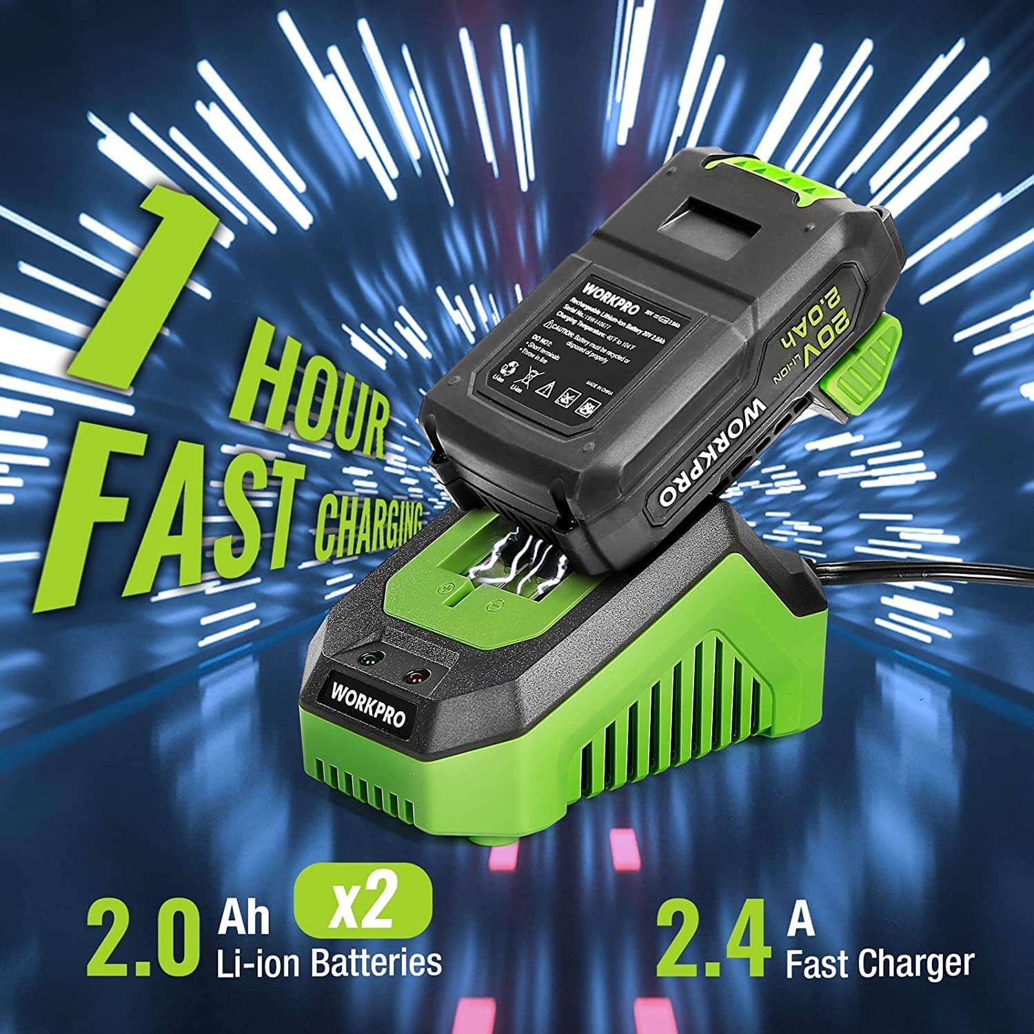 WORKPRO fast charger with 2.4Ah battery pack, green and black design