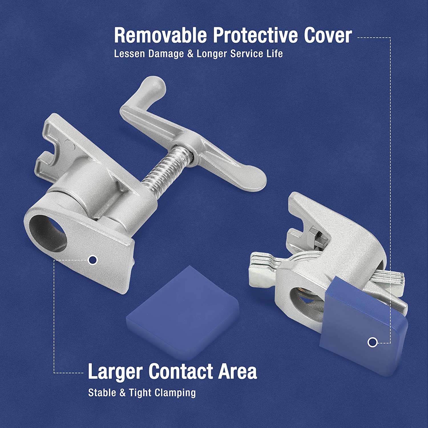 Pipe clamp pair with removable protective cover and larger contact clamping base