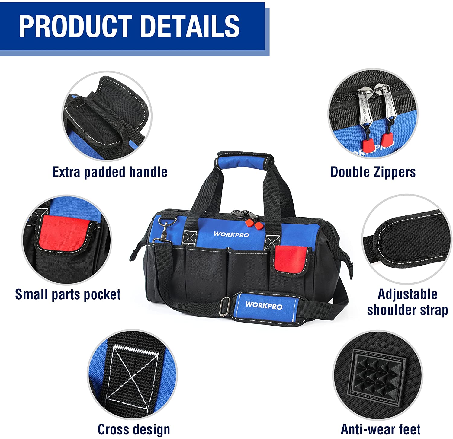 Black and blue WORKPRO tool bag with padded handle, small parts pocket, adjustable strap