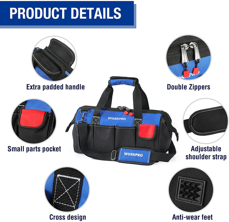WORKPRO 18-inch Close Top Wide Mouth Storage Tool Bag with Adjustable Shoulder Strap