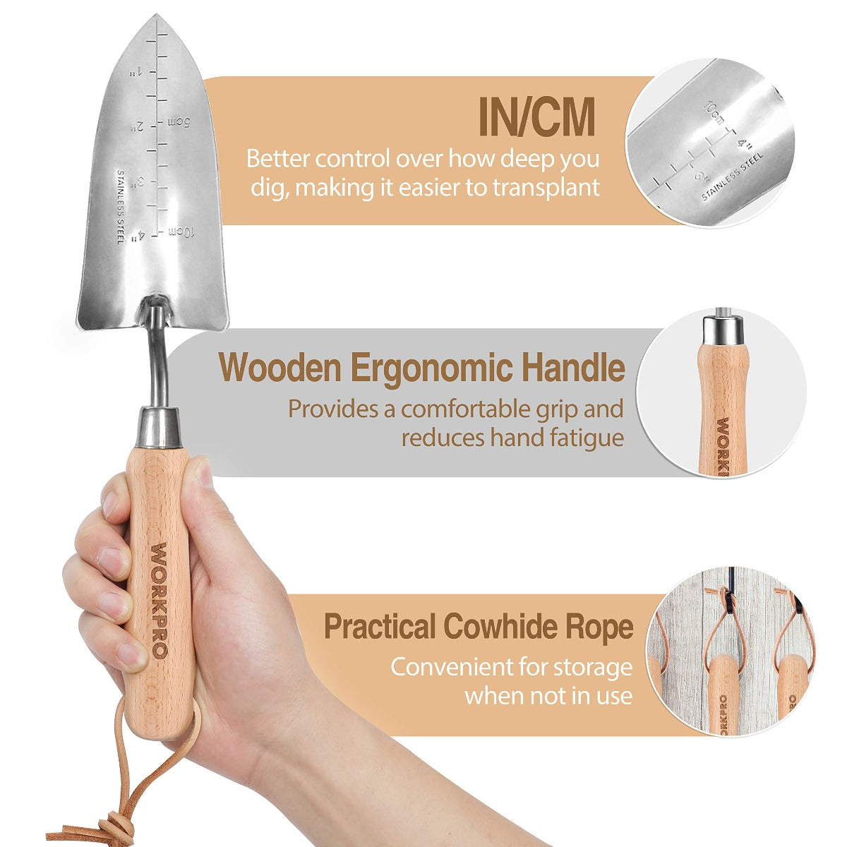 Ergonomic wooden-handled digging tool with stainless steel spade and cowhide rope