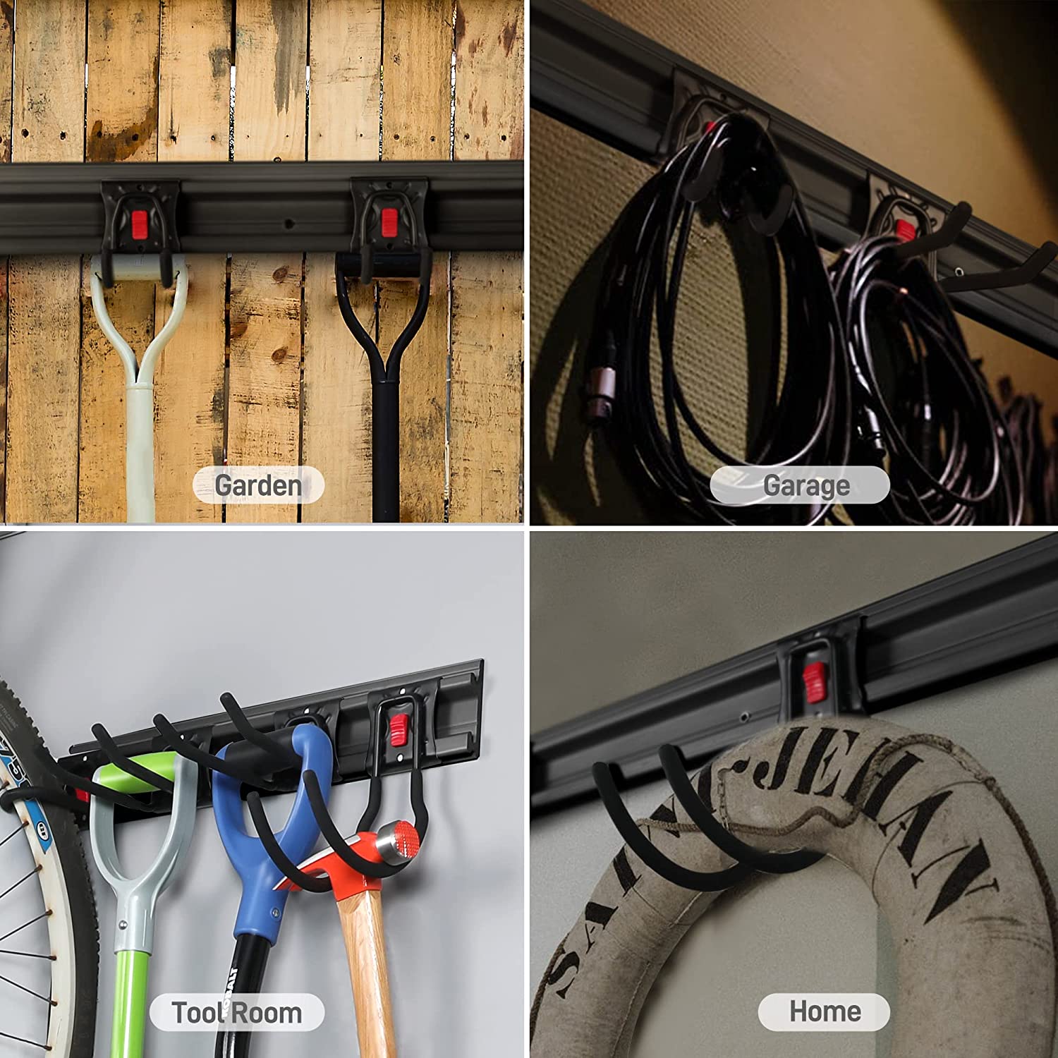 Black wall tool organizer rail with hooks holding gardening tools like rakes and pruners