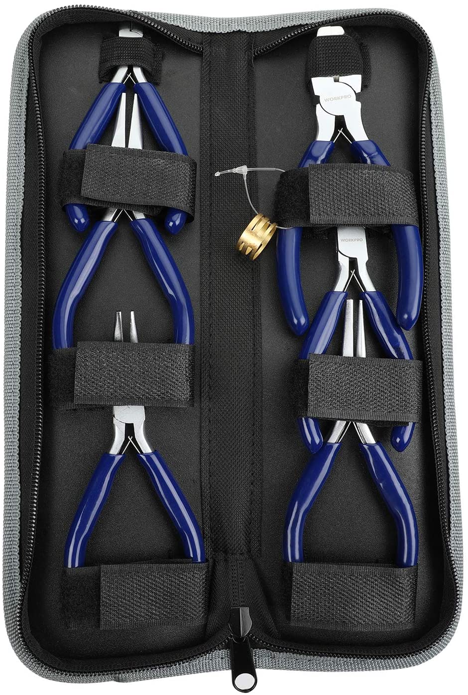 Jewelers pliers set in black zip carrying pouch with blue-handled tools in slots