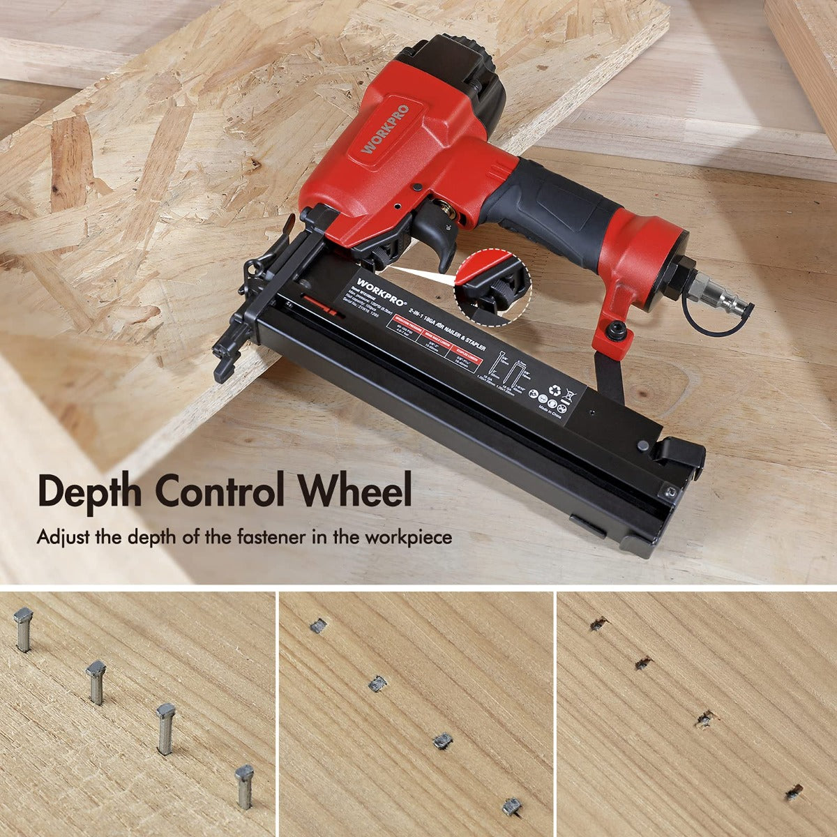 Red and black pneumatic nailer with depth control wheel and included nails