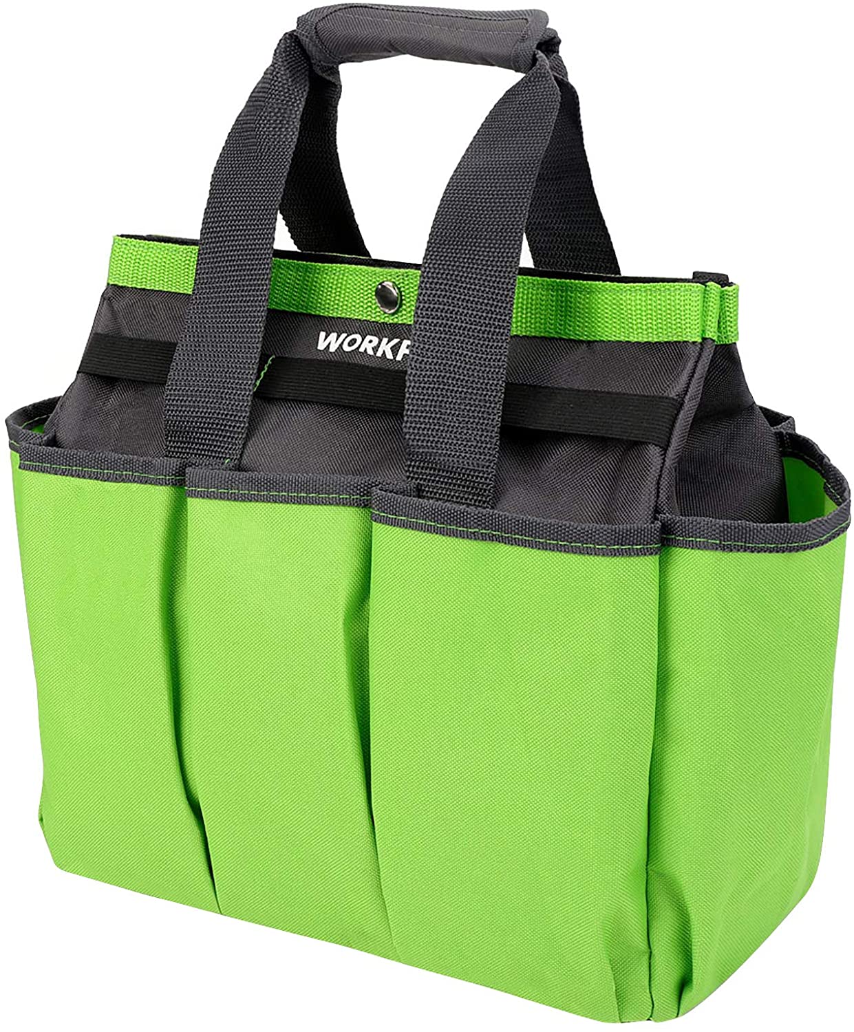 Green gardening tote bag with black top handles and three front tool pockets