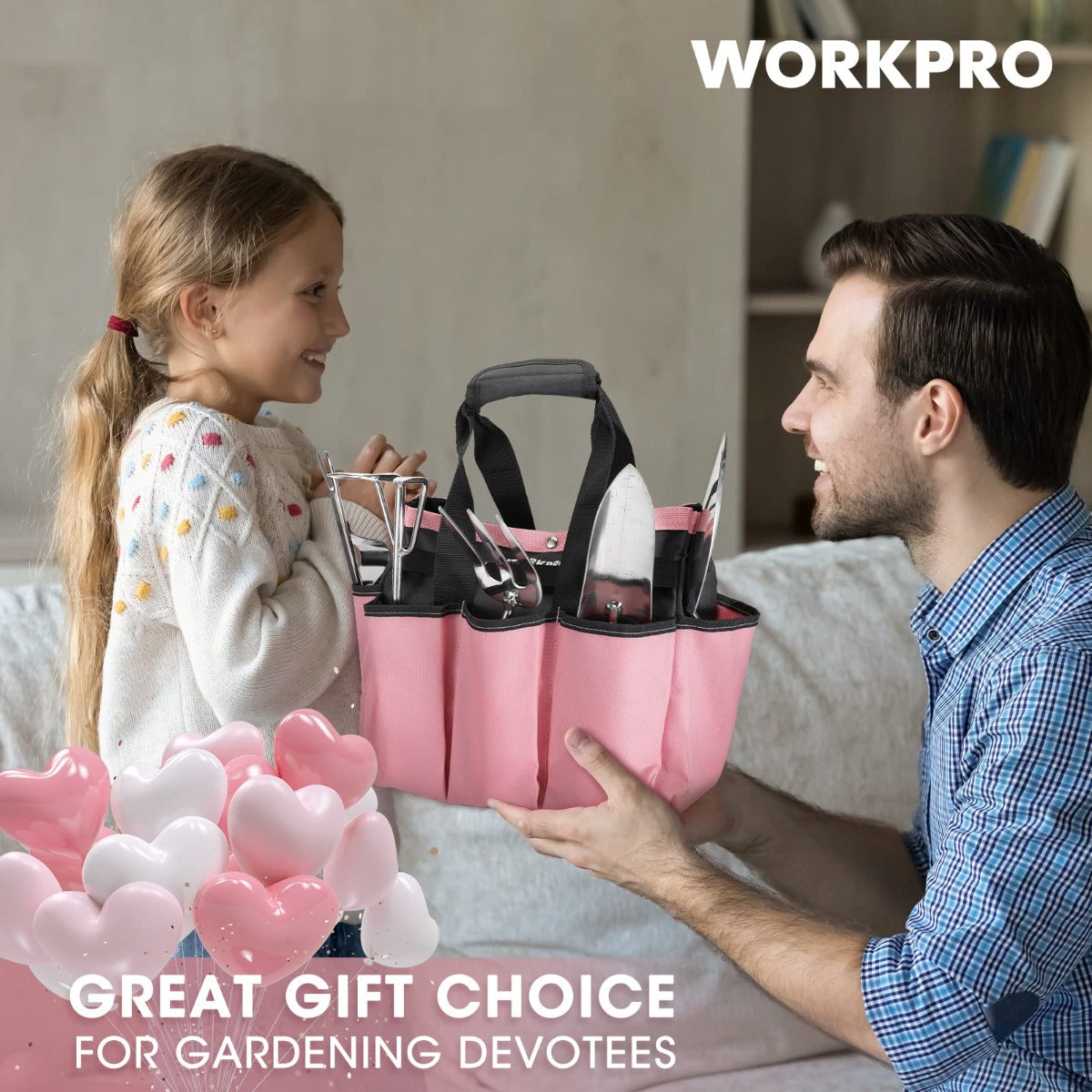 Pink gardening tools tote bag with stainless tools, held by adults and child