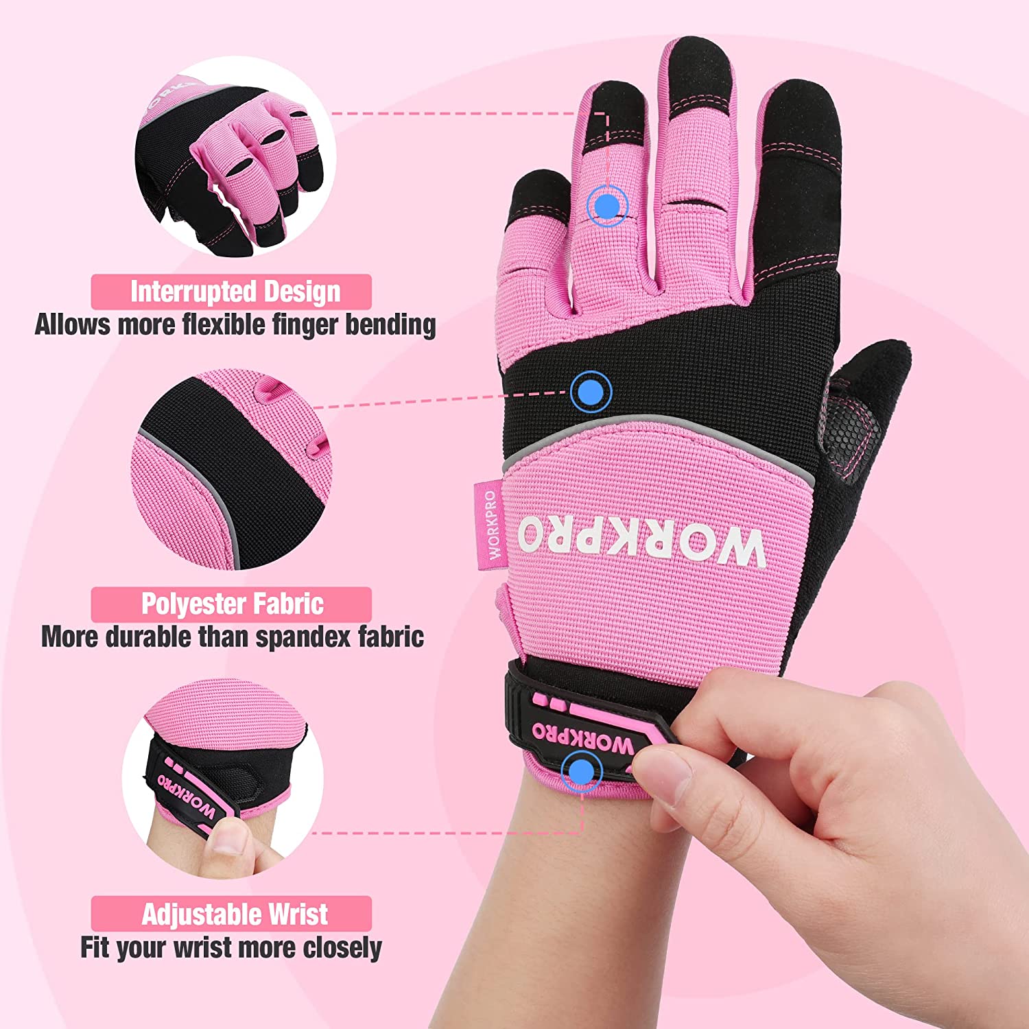 Pink and black work gloves with adjustable wrist strap and flexible finger bend design