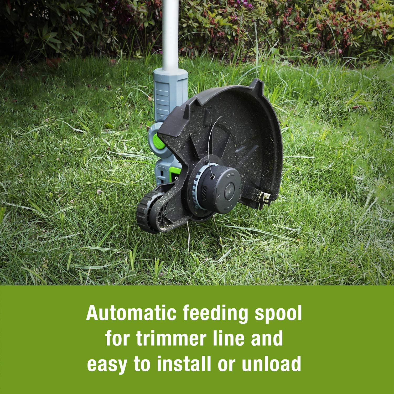 Cordless string trimmer converted to edger with curved cutting head on grass