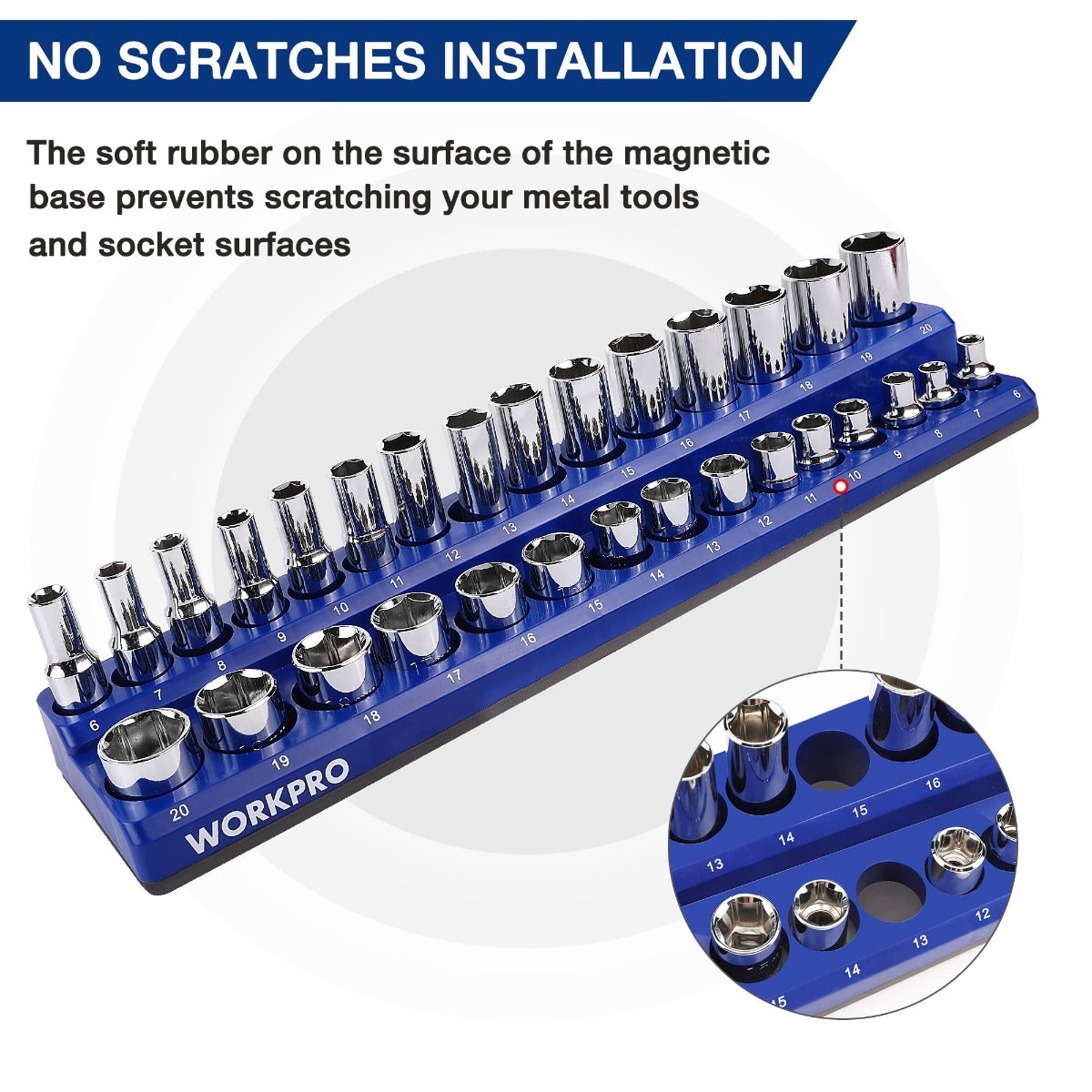 Blue magnetic socket organizer tray holding chrome sockets in numbered slots