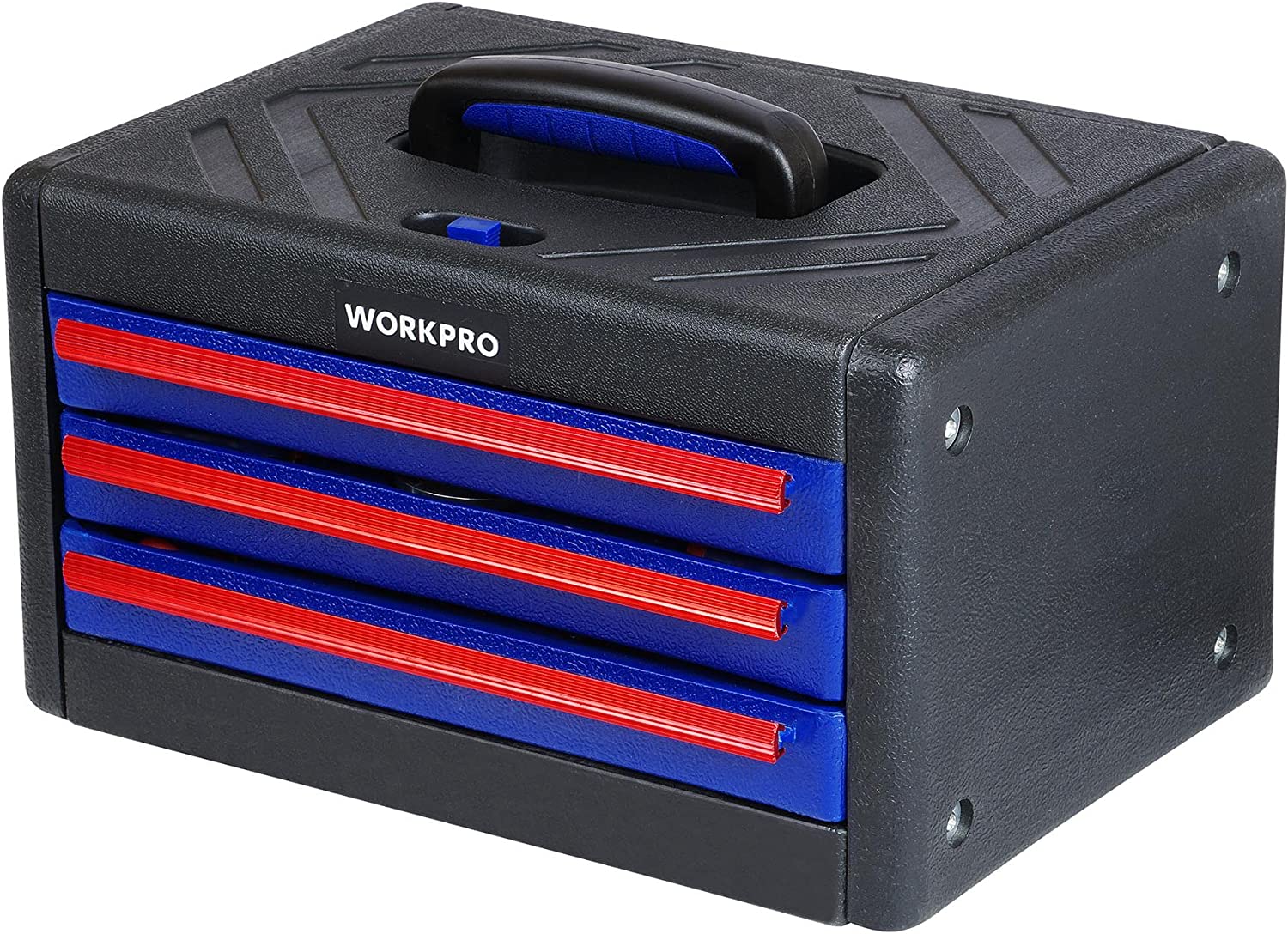 WORKPRO 3-drawer storage case with black body and blue/red drawer rails