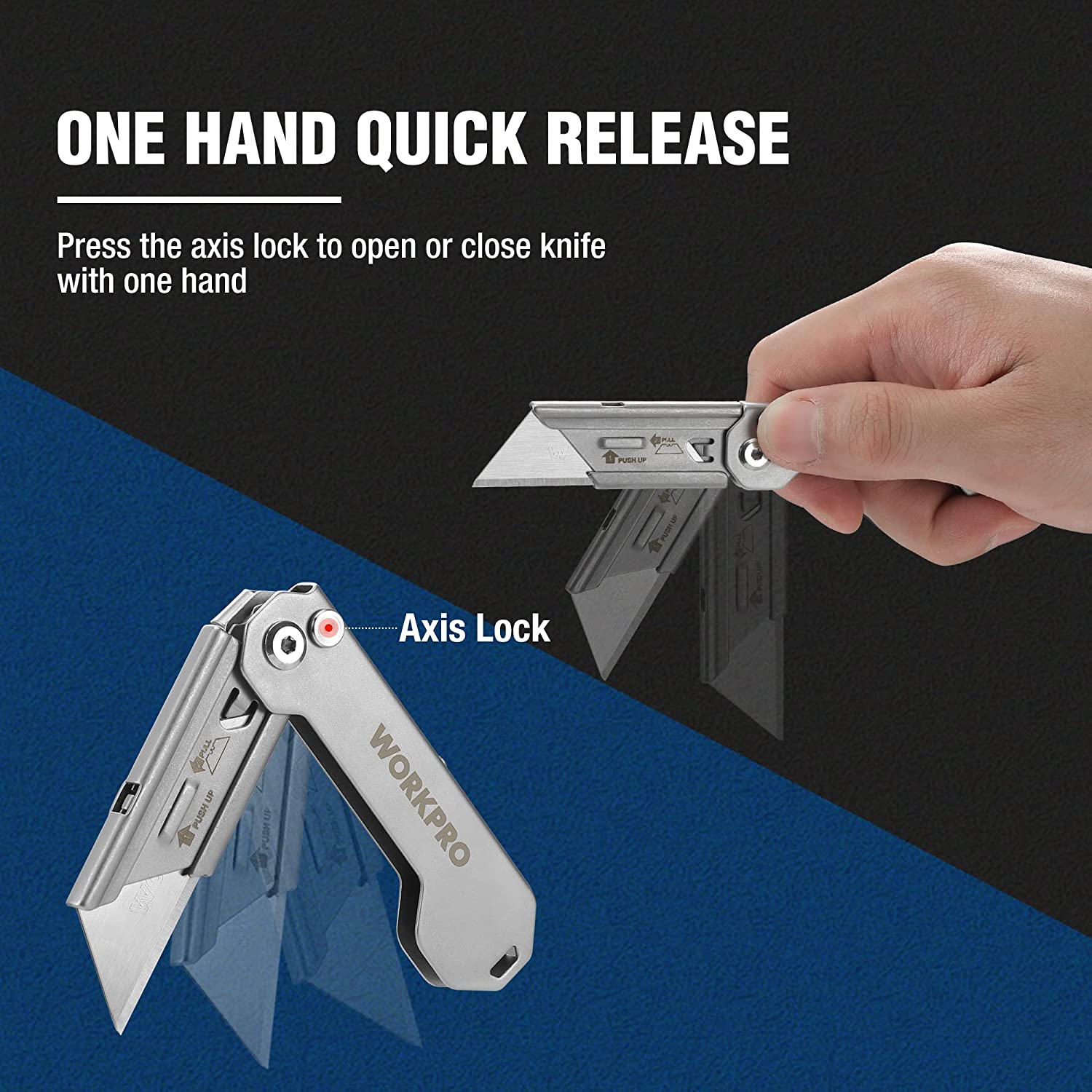 Folding utility knife with quick-release axis lock, held by hand