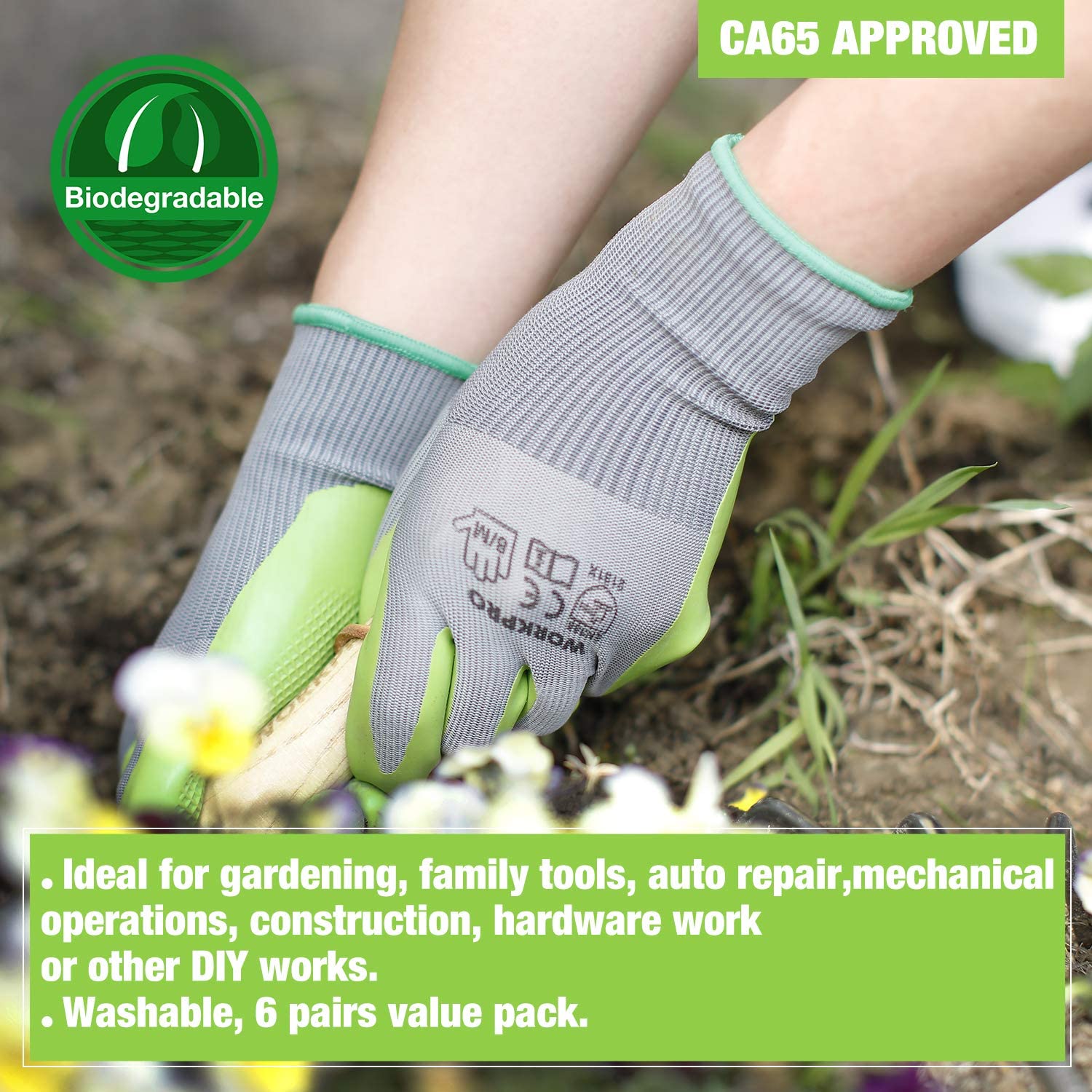 Gray knit gloves with green latex coating on palm and fingers, elastic cuff