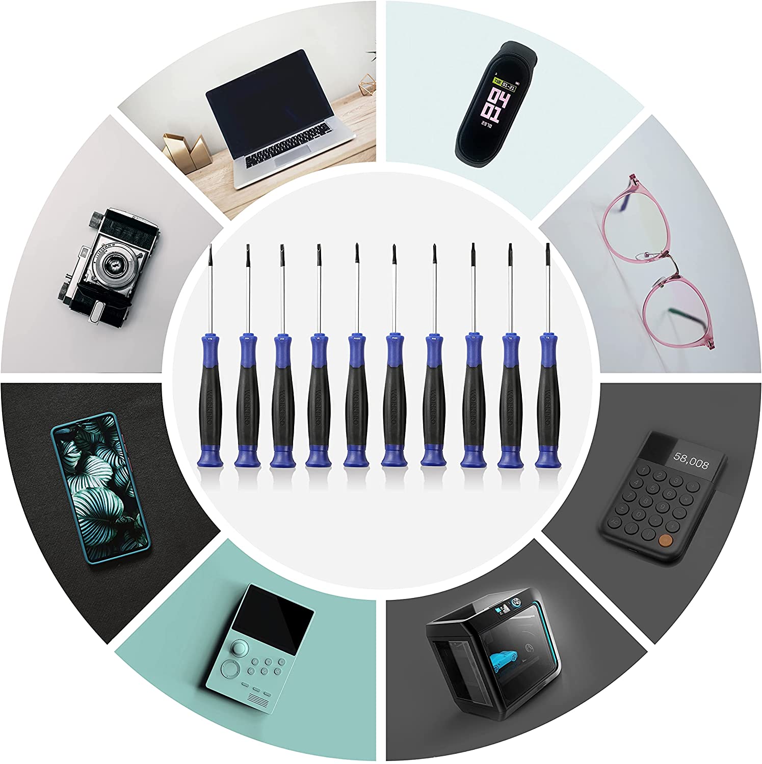 10-piece precision screwdriver set displayed in a circular assortment with different tips