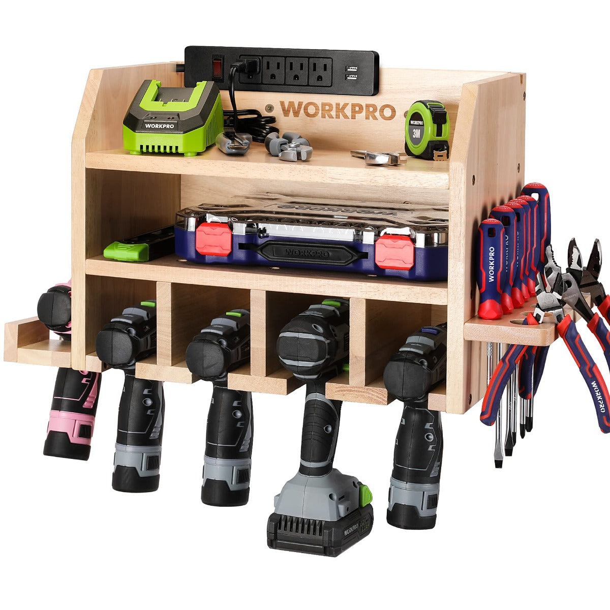 WORKPRO Power Tool Organizer, Cordless Drill Holder Storage Wall Mount with 5 Drill Hanging Slots, Solid Wooden Tool Storage - WORKPRO Tools