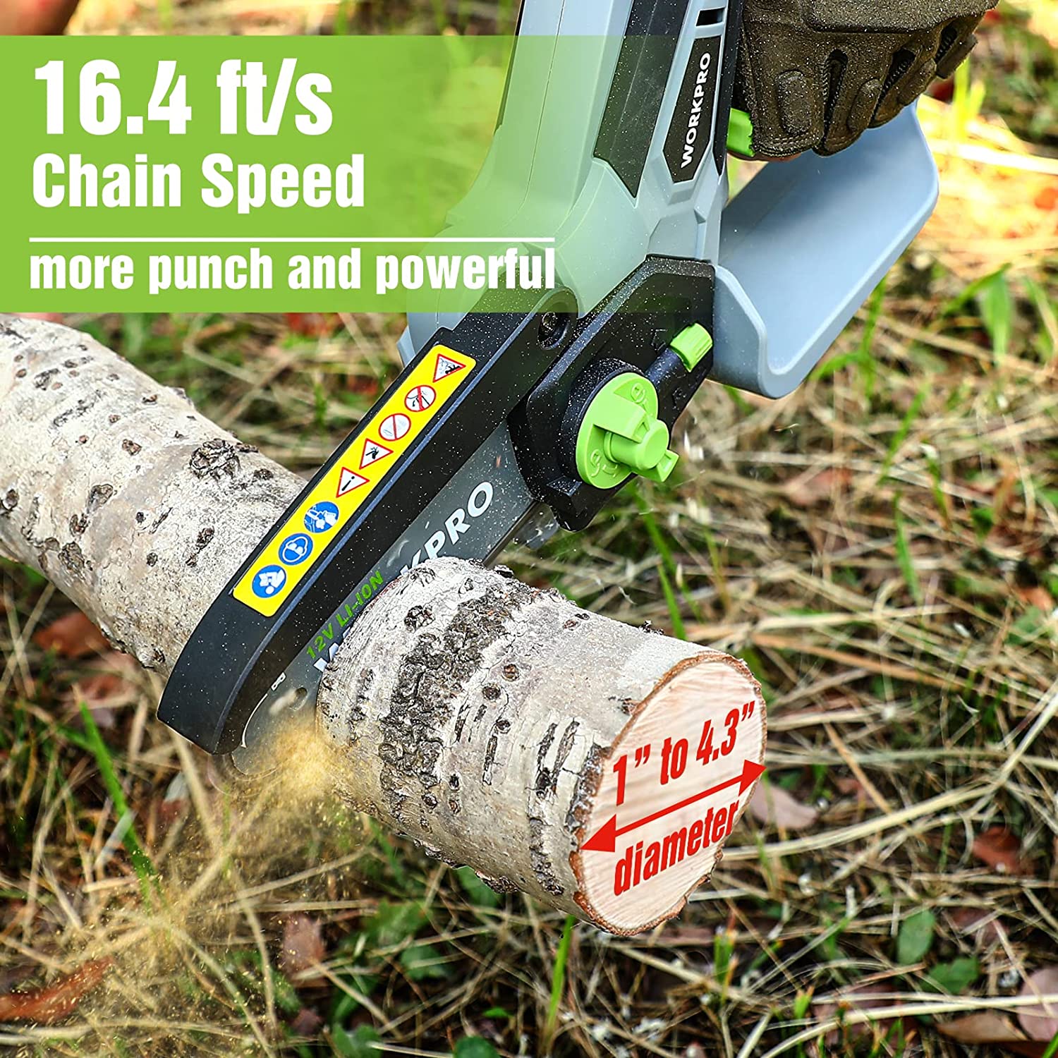 Cordless mini chainsaw cutting a log with black chain bar and green adjustment dial