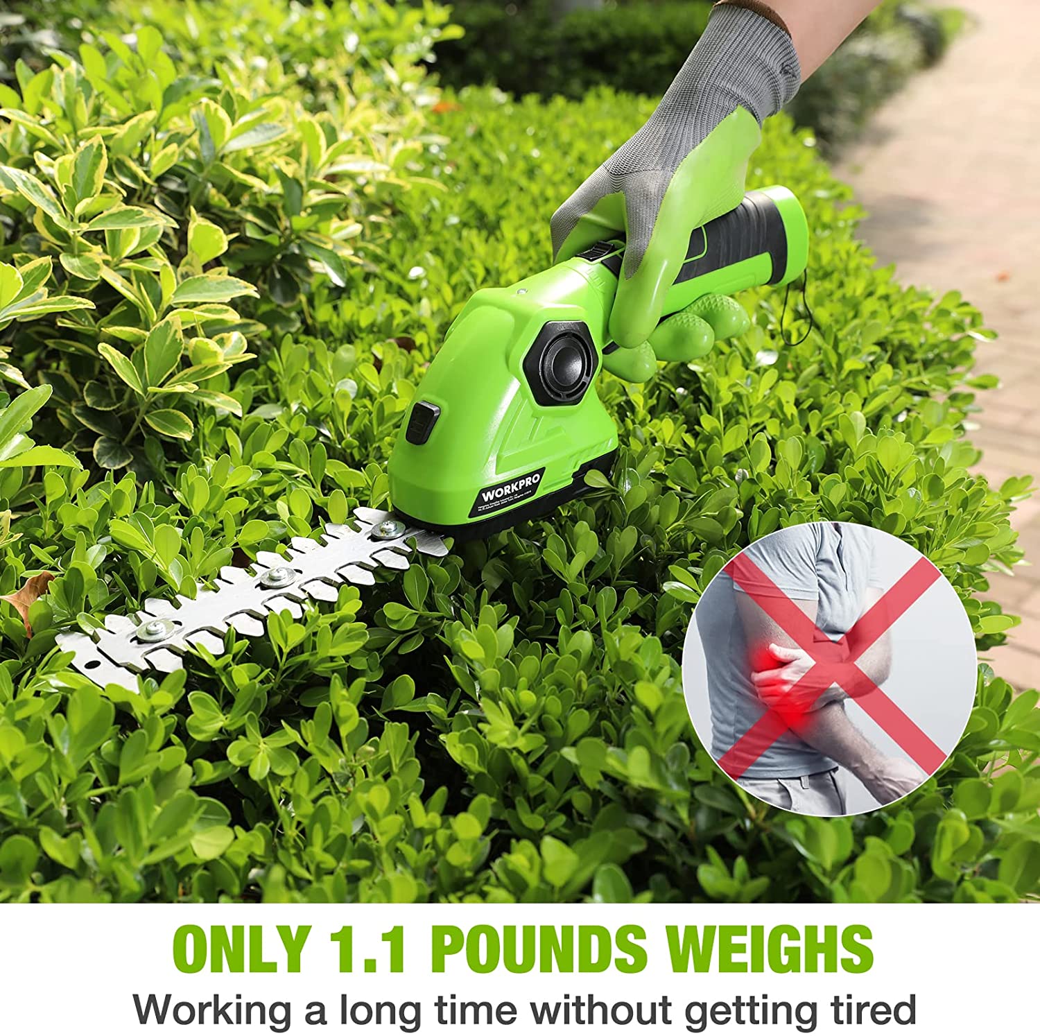 Green handheld hedge trimmer cutting dense shrubs with serrated grass shear blade
