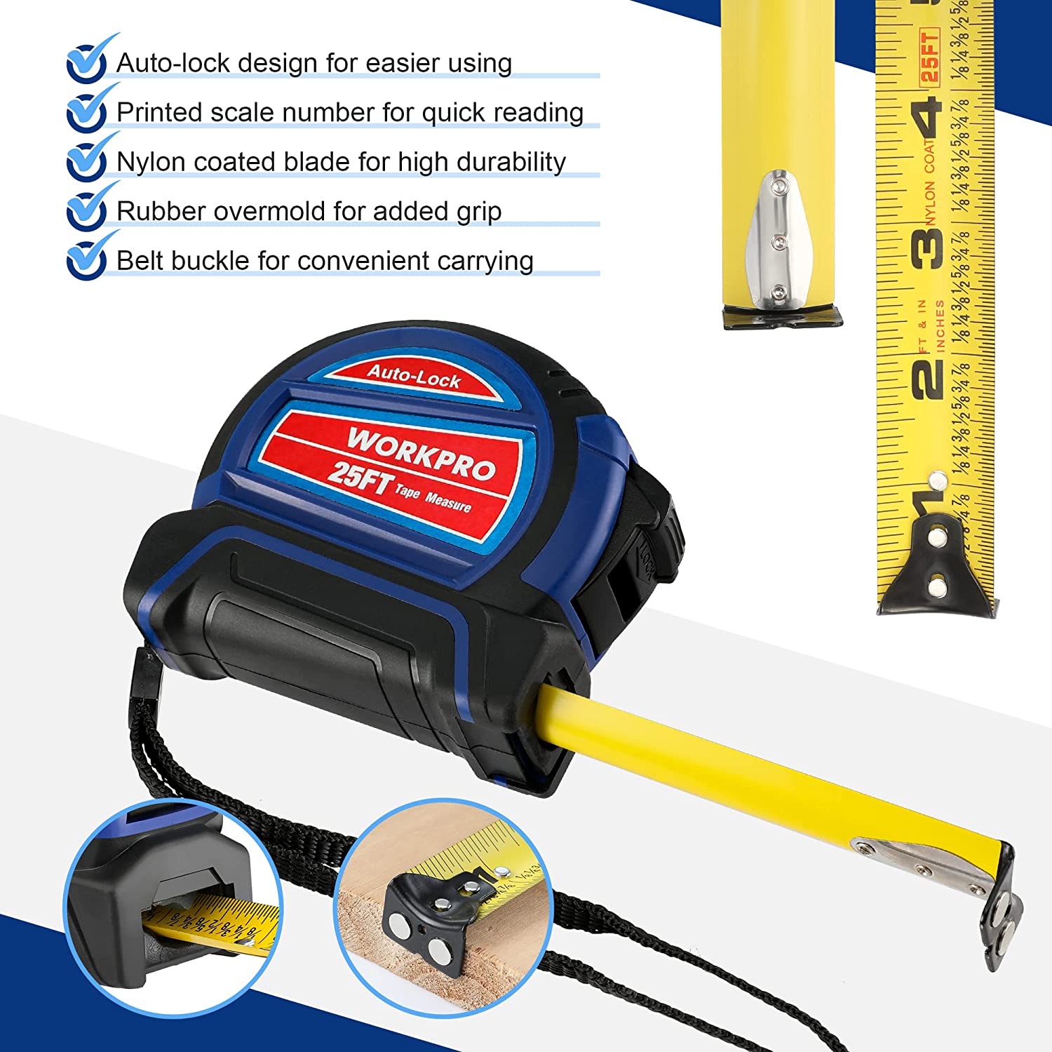 Auto-lock tape measure extended with yellow blade, metal hook, and fractions marks