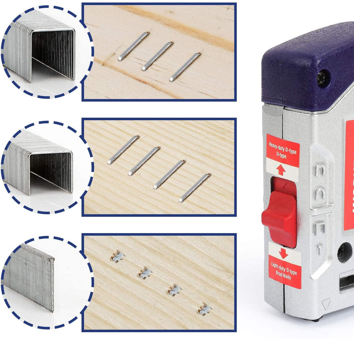Staple gun head with chisel-point T50 staples and brad nails