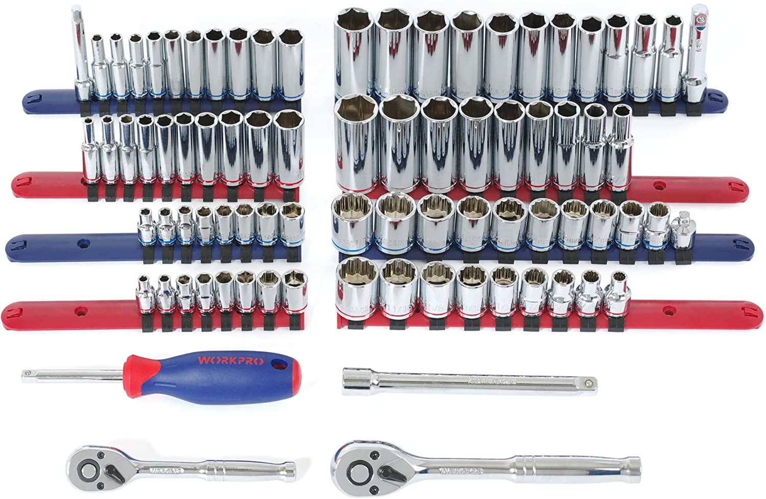 Home repair socket tool kit with chrome sockets and blue-handled screwdrivers