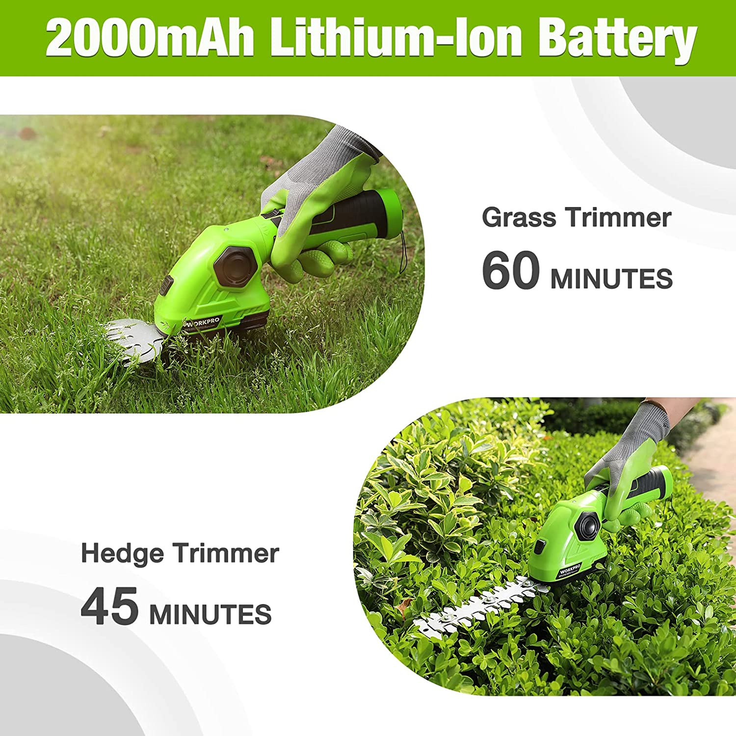 Green cordless grass trimmer with hedge shear attachment for yard edging in grass