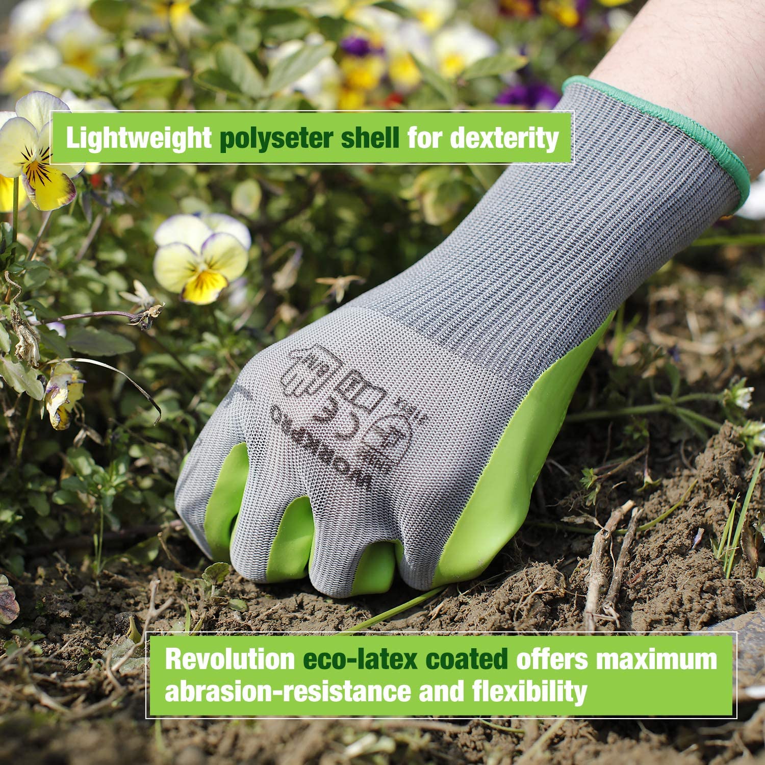 Gray knit garden glove with green latex palm and breathable textured surface